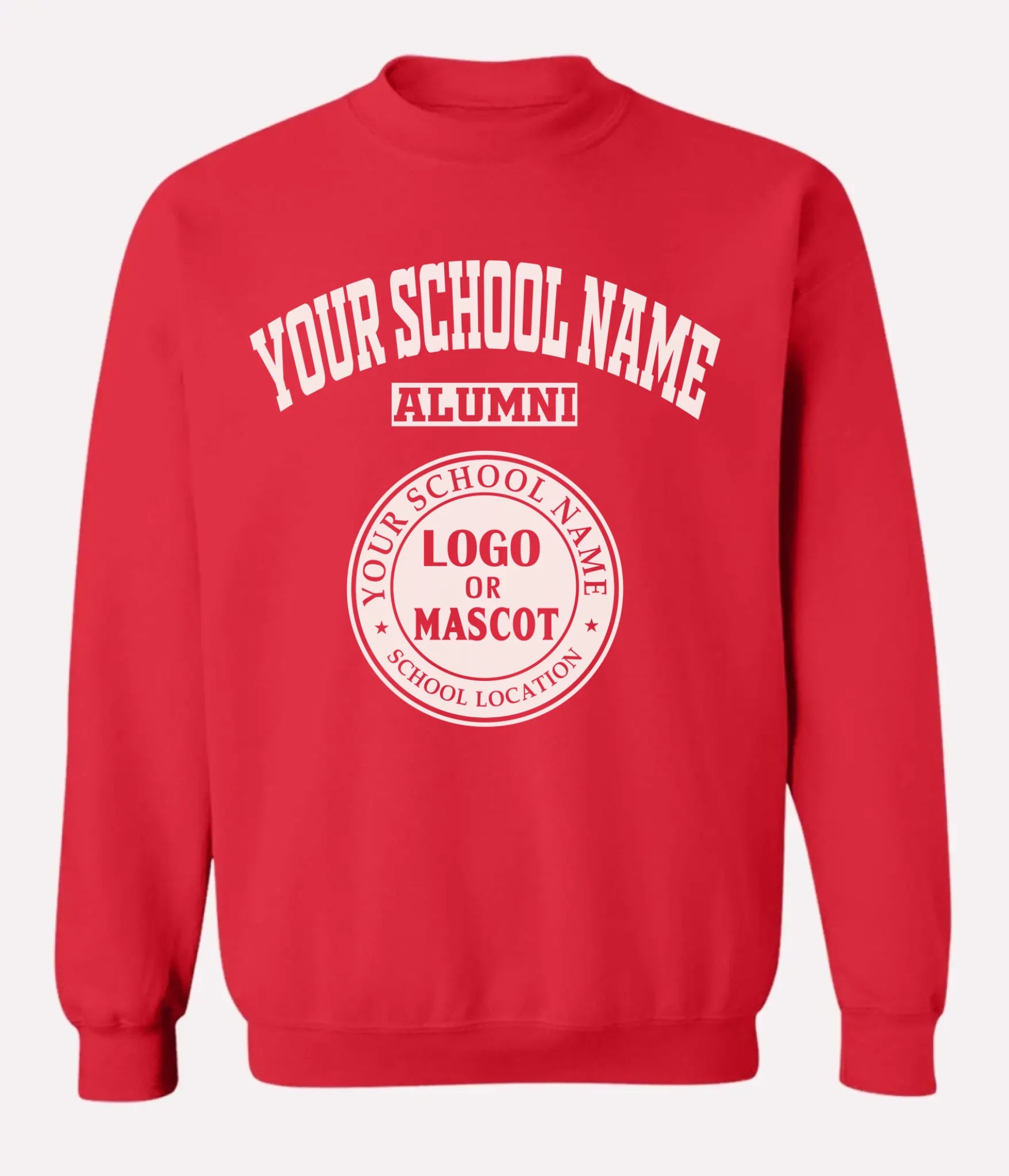 Red personalized alumni sweatshirt, a timeless color for school spirit