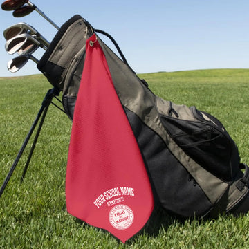 A classic black custom alumni golf towel, a perfect and practical gift for class reunions or alumni golf tournaments.