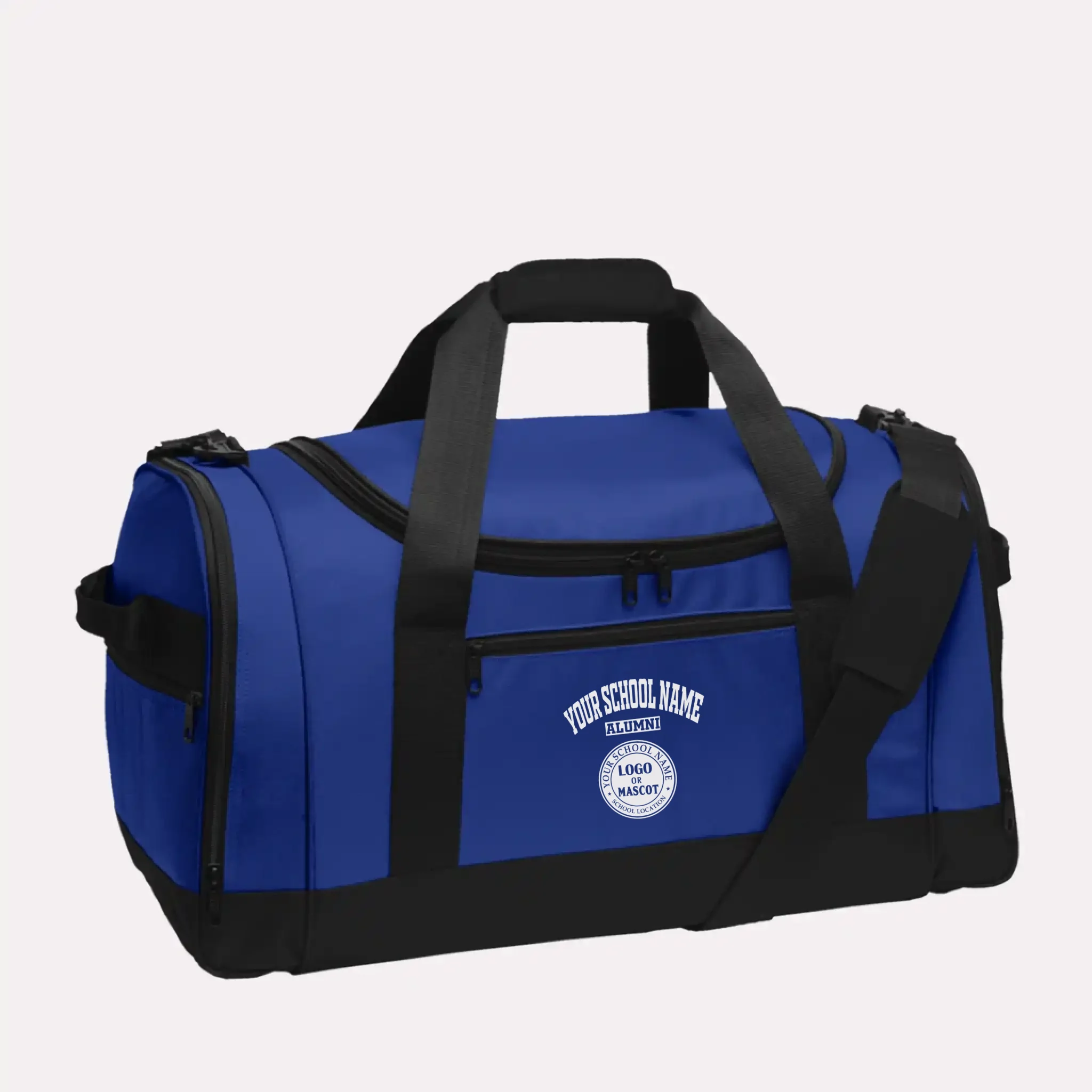 A royal blue custom alumni Voyager duffel bag, personalized with a classic school logo for proud graduates.