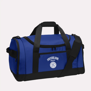 A royal blue custom alumni Voyager duffel bag, personalized with a classic school logo for proud graduates.