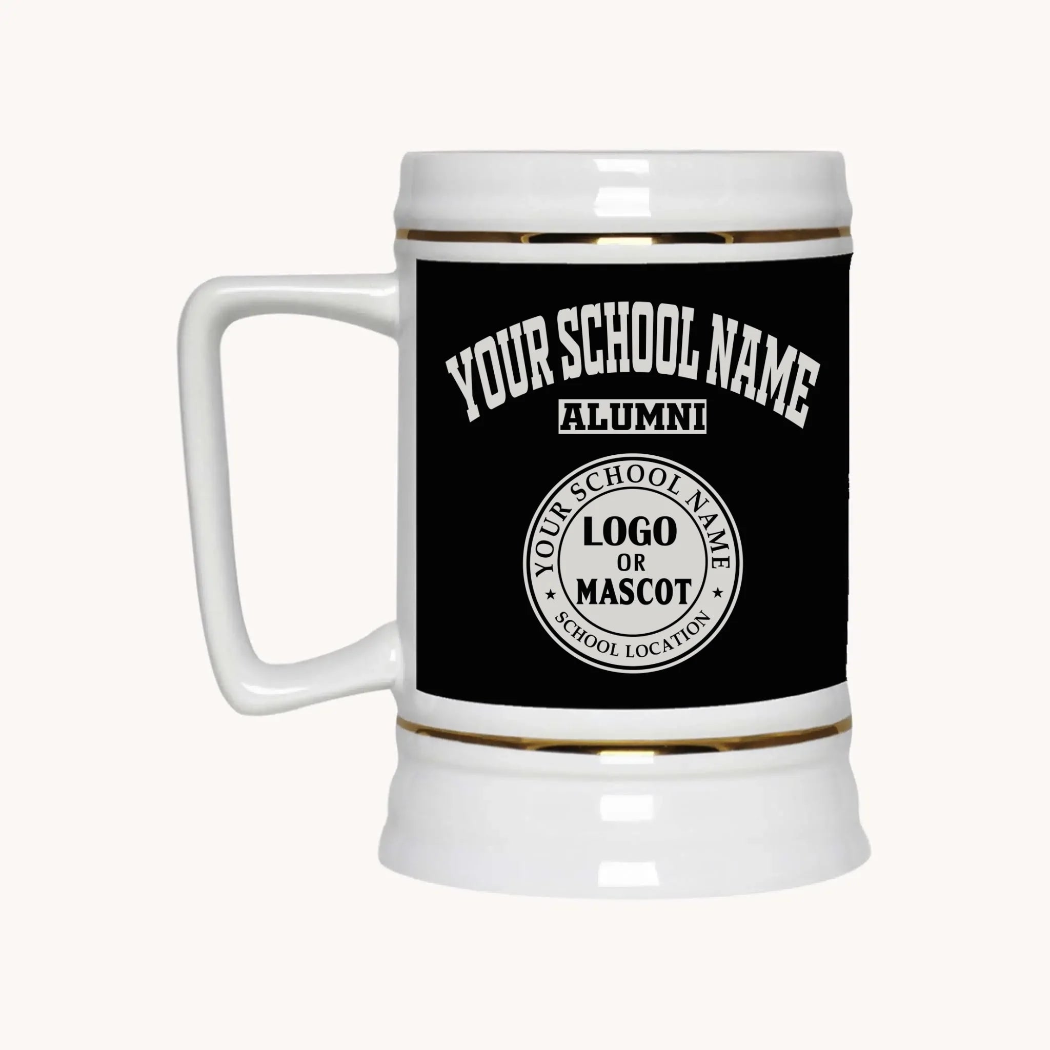 A 22oz ceramic beer stein in black, a perfect personalized alumni gift for graduates from Almatershop