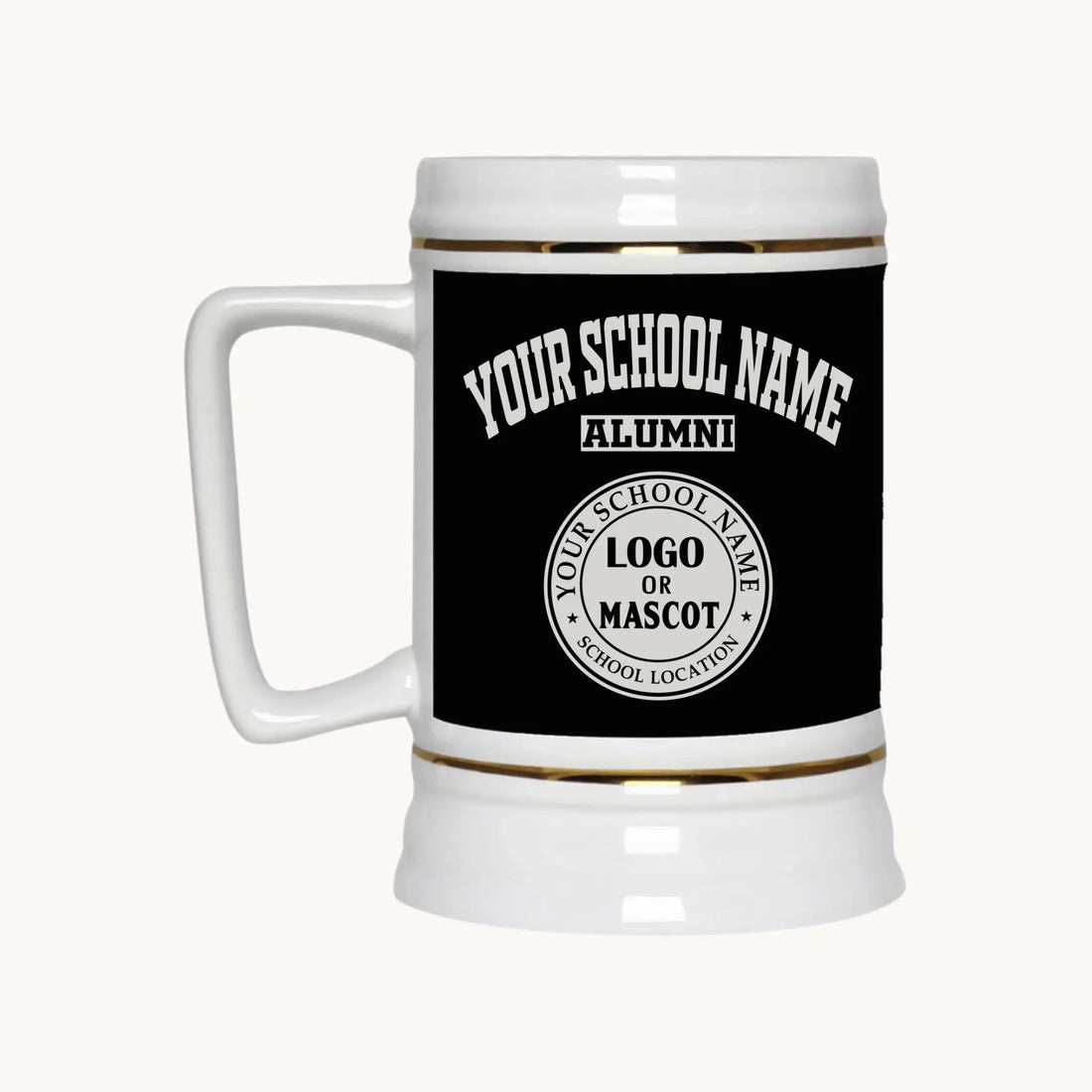 A 22oz ceramic beer stein in black, a perfect personalized alumni gift for graduates from Almatershop