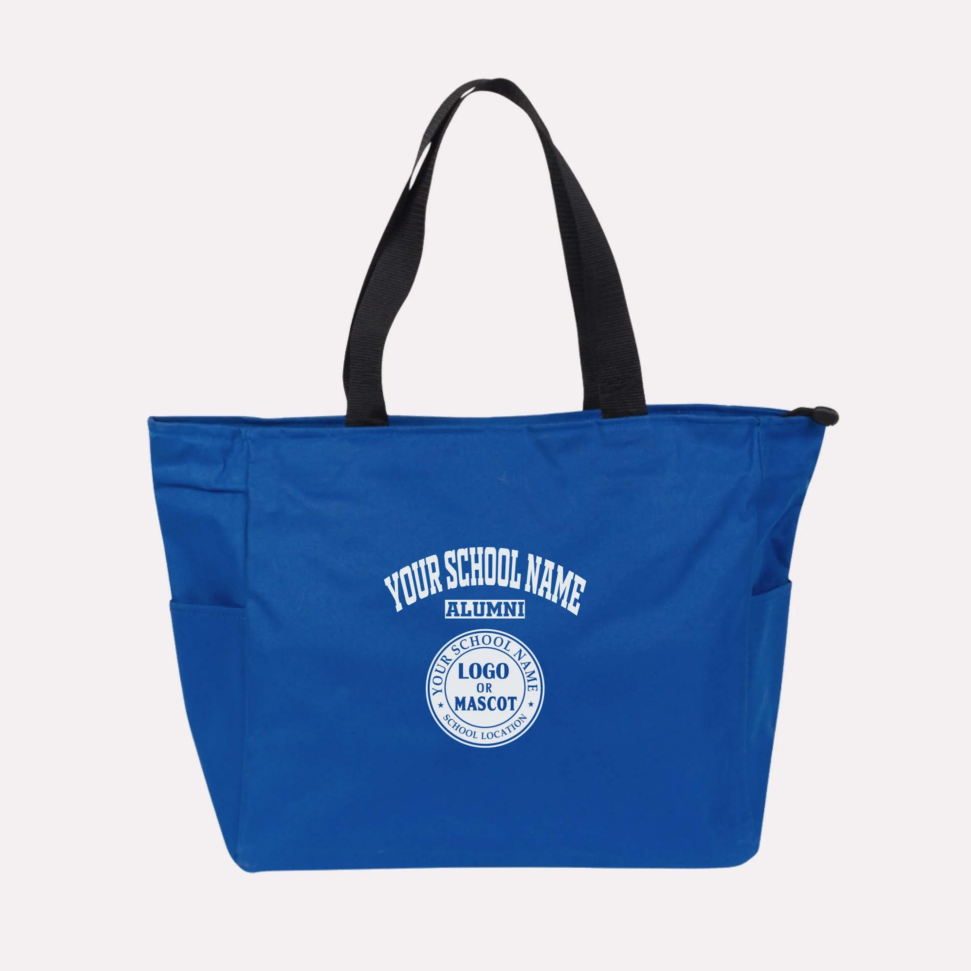 A royal blue custom college apparel tote bag, a great souvenir for university alumni.