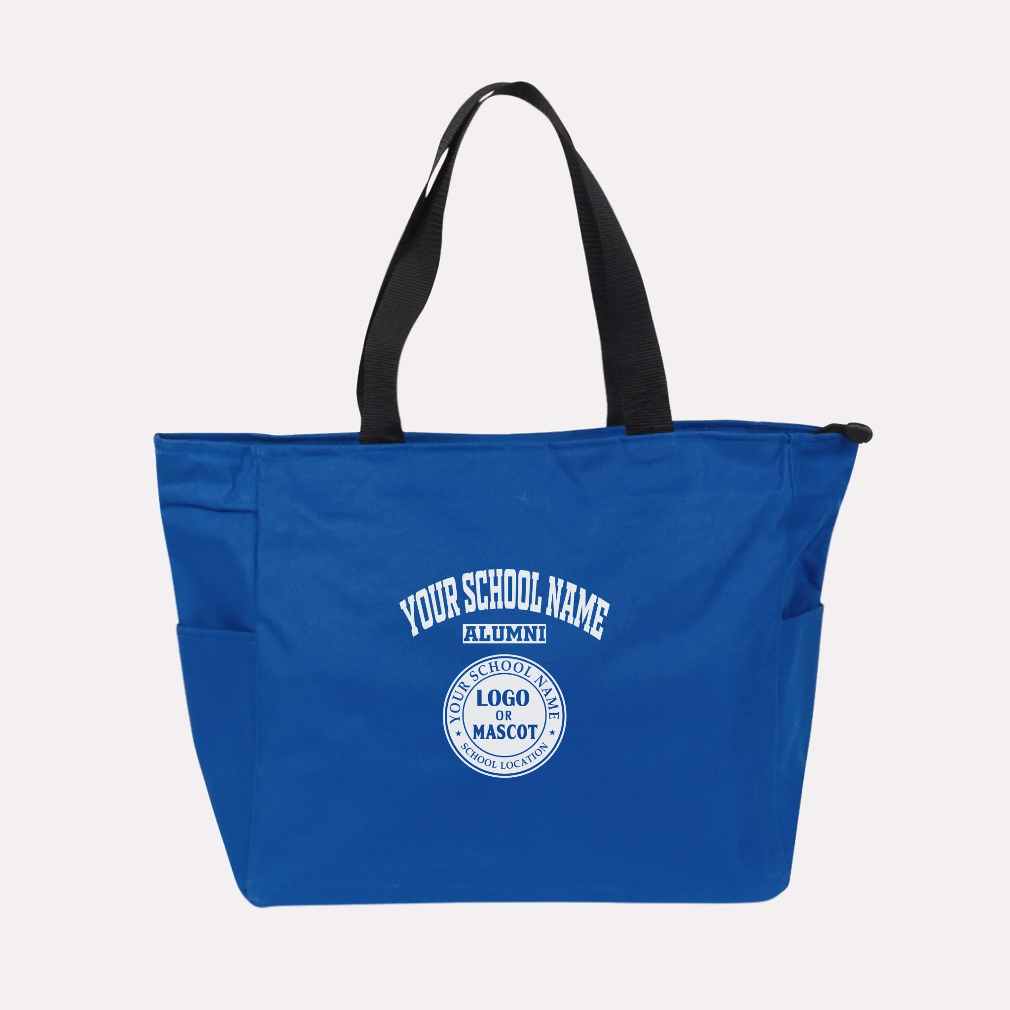 A royal blue custom college apparel tote bag, a great souvenir for university alumni.