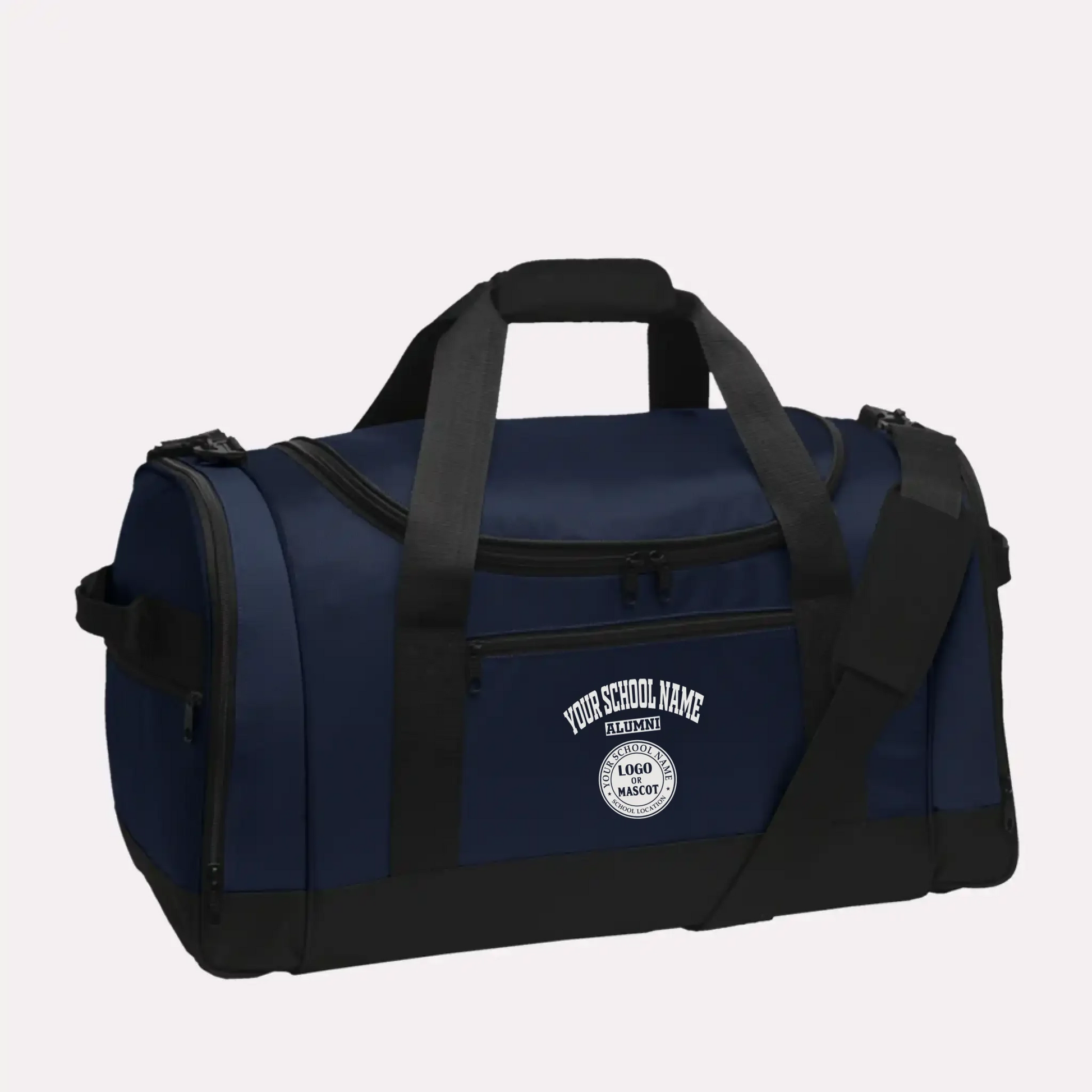 A timeless navy blue college travel bag for alumni, featuring a personalized school logo on a durable duffel.