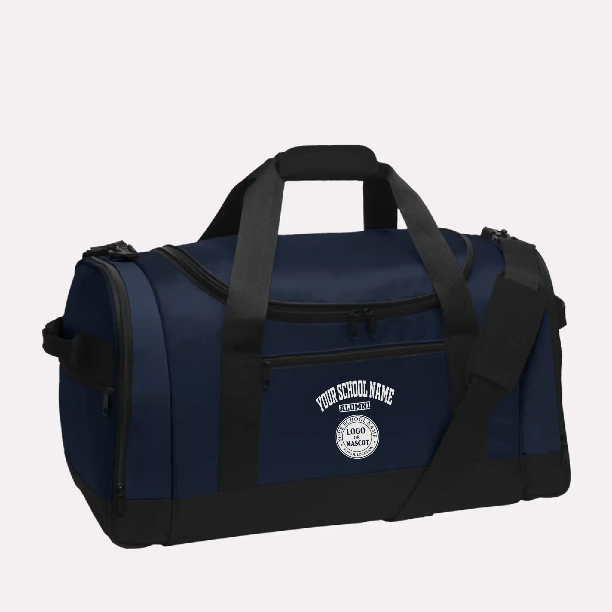 A timeless navy blue college travel bag for alumni, featuring a personalized school logo on a durable duffel.