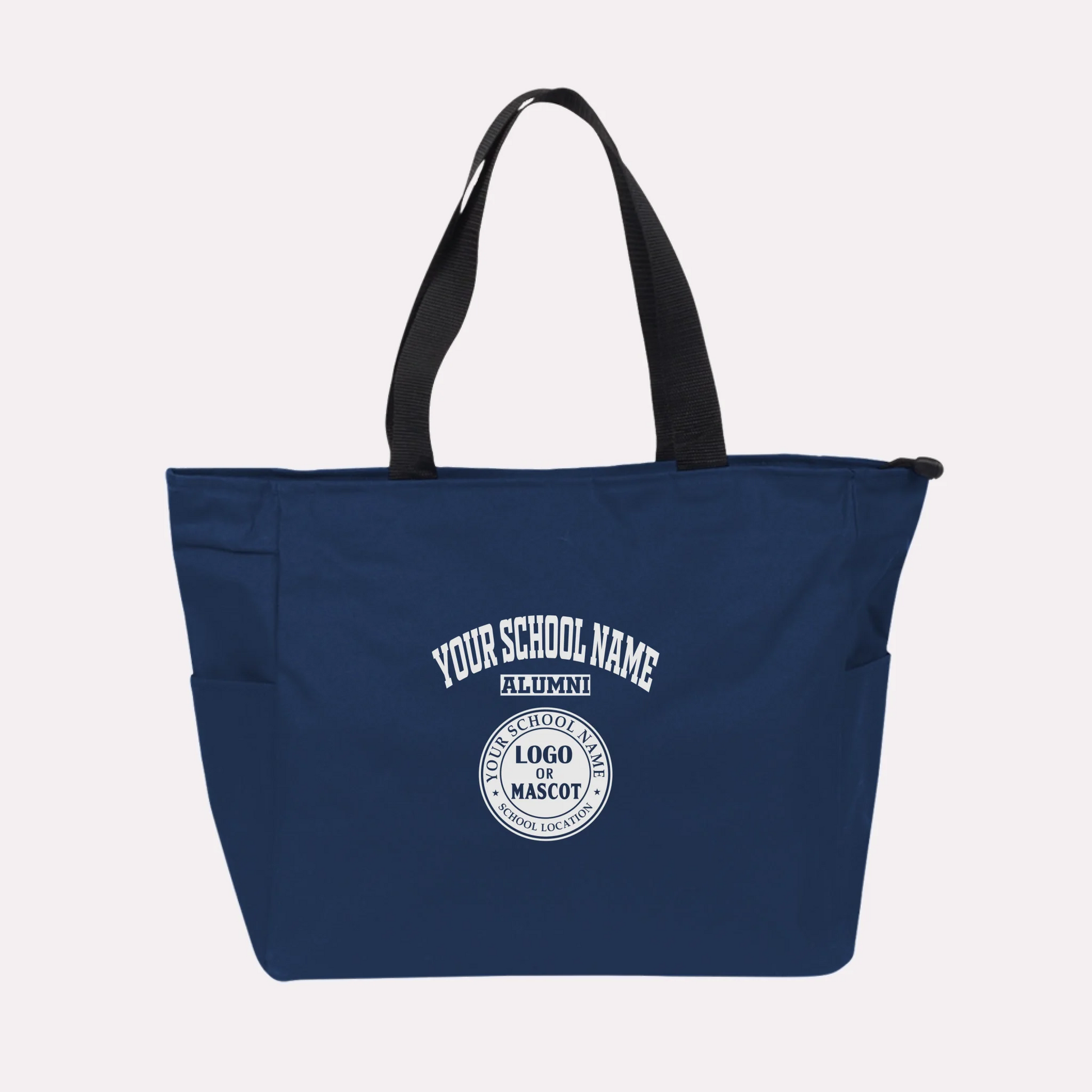 A royal blue custom college apparel tote bag, a great souvenir for university alumni.