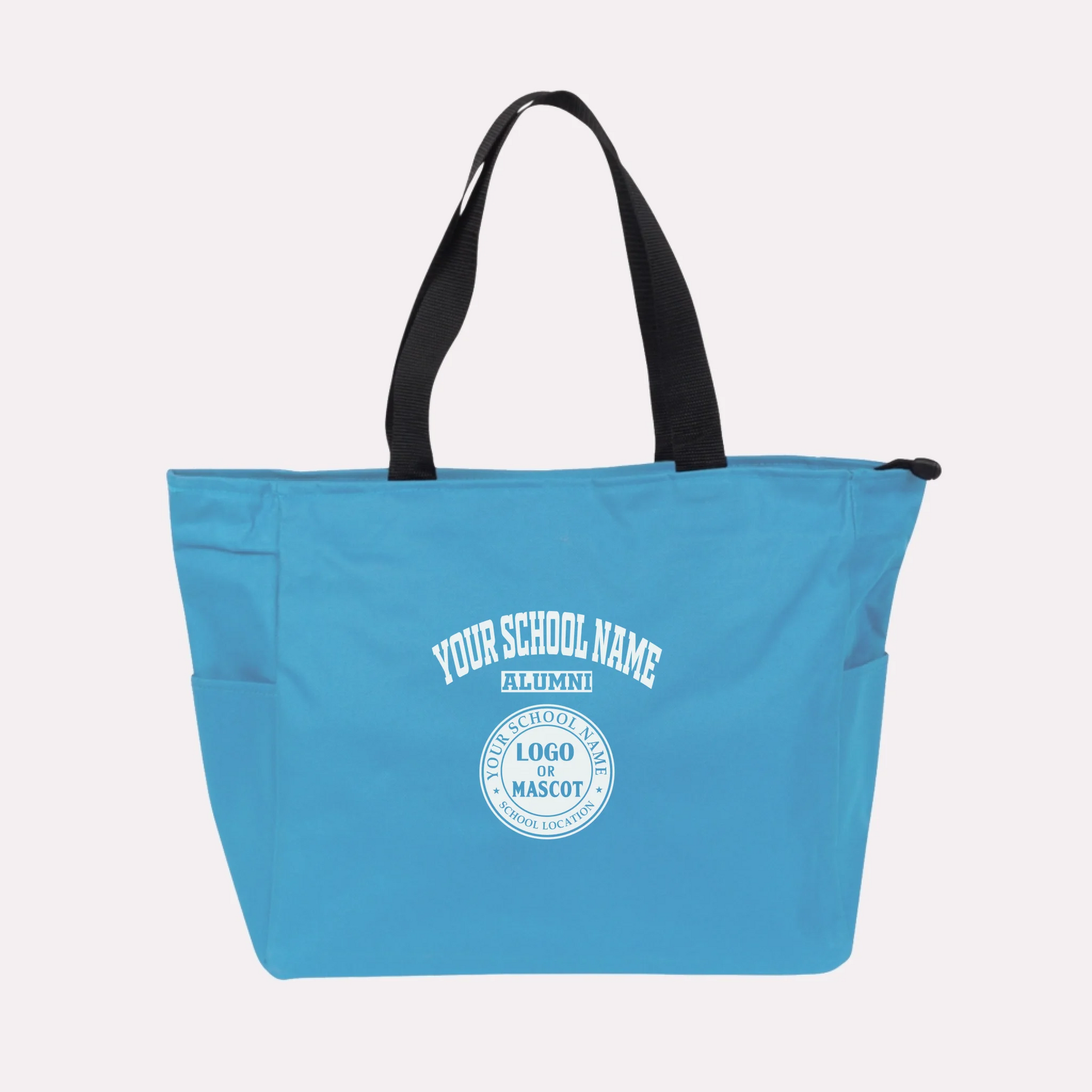A light blue custom zippered tote bag, a wonderful souvenir idea for a 50th class reunion.