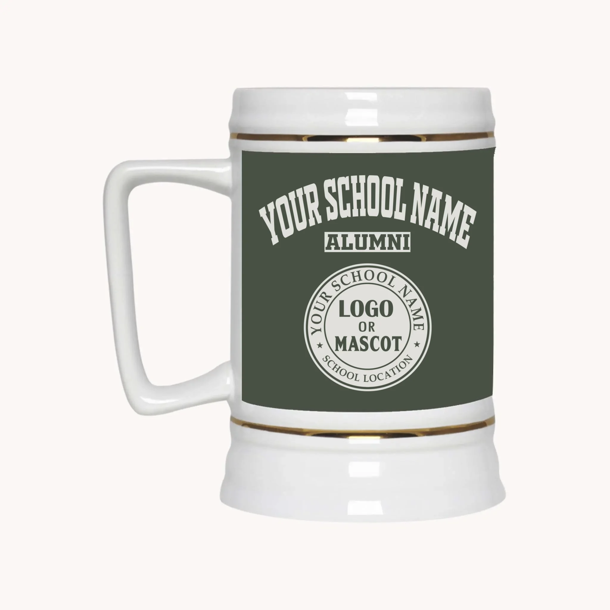 A 22oz ceramic beer stein in forest green, a custom school spirit gift from Almatershop.