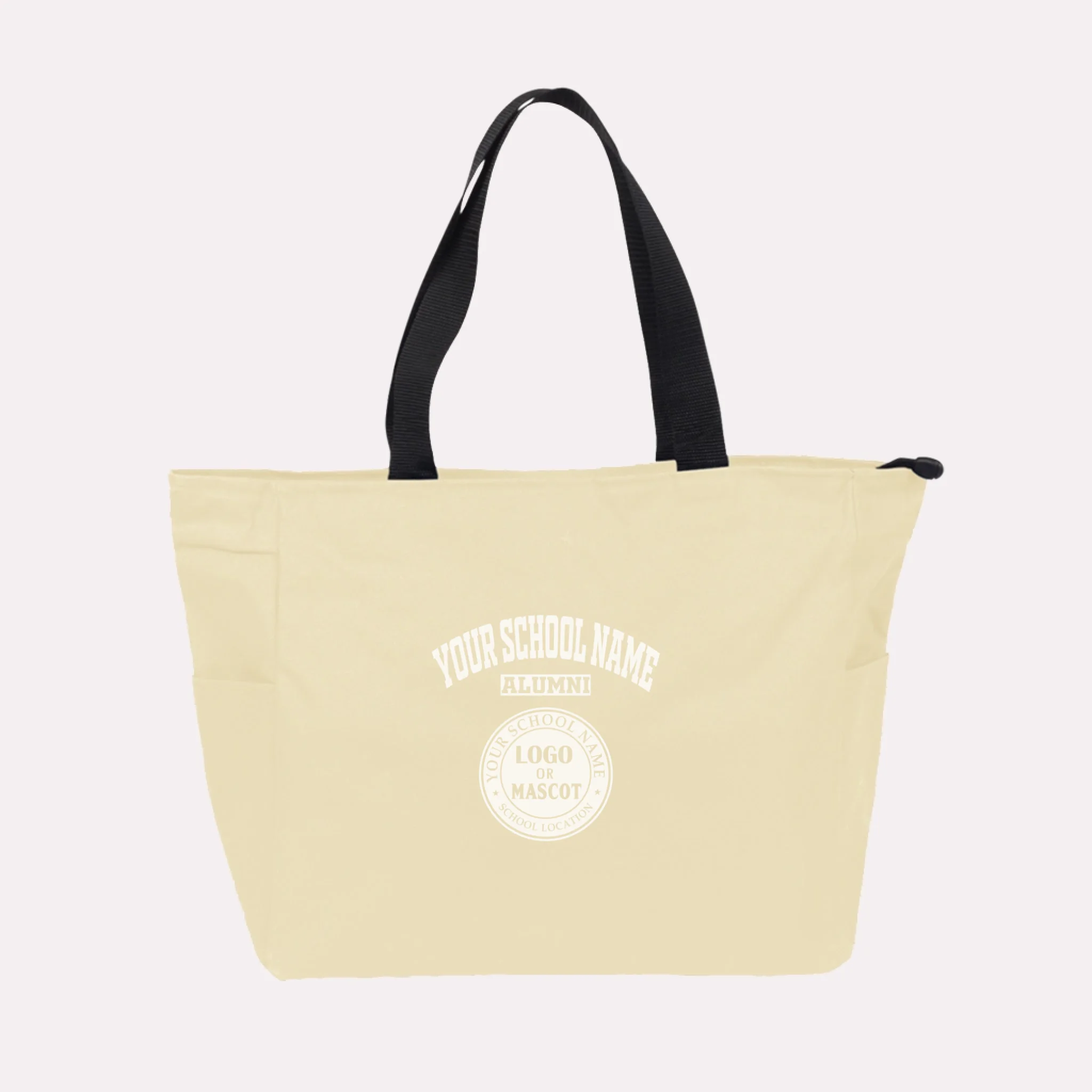 A royal blue custom college apparel tote bag, a great souvenir for university alumni.