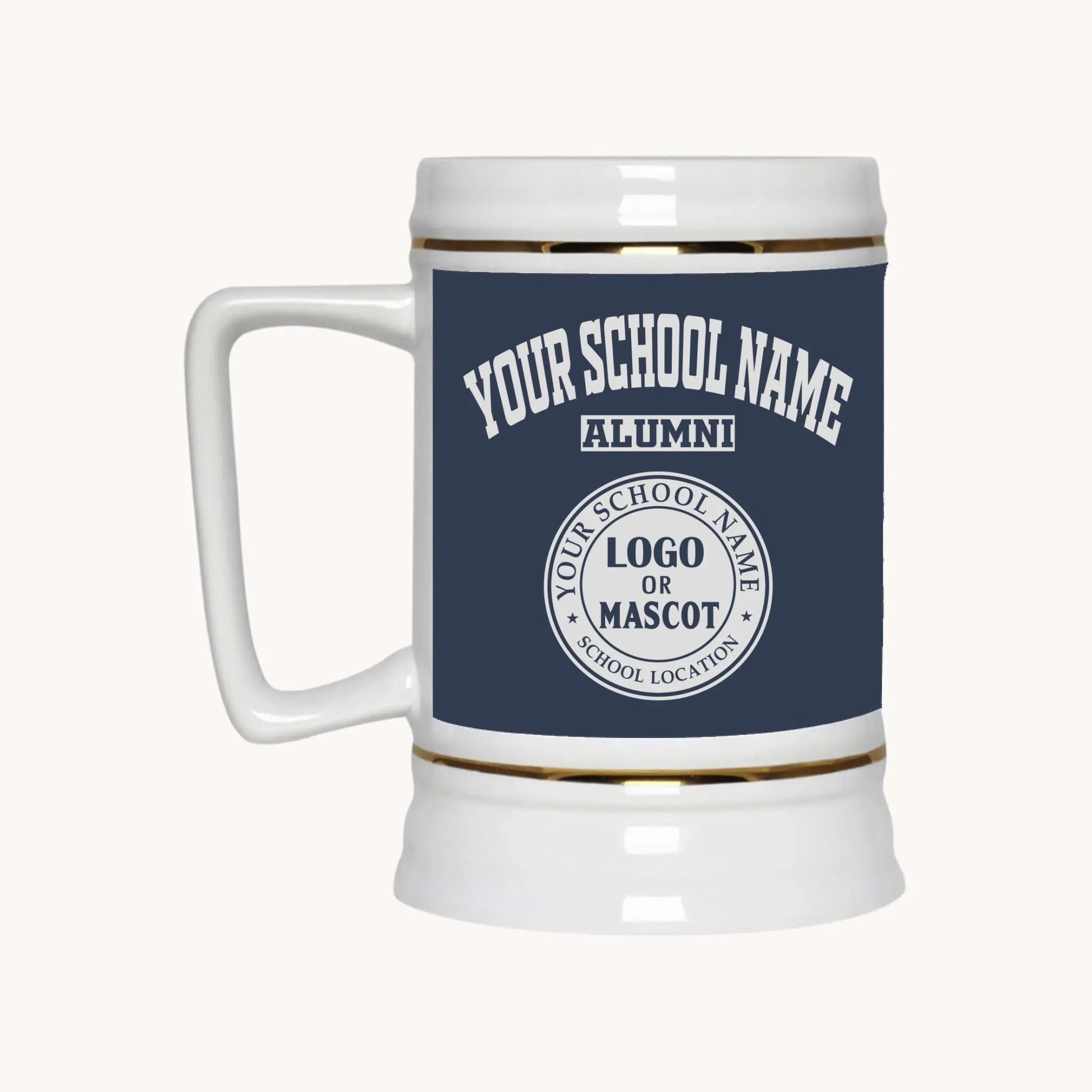 A 22oz ceramic beer stein in navy blue, a great personalized graduation gift from Almatershop.