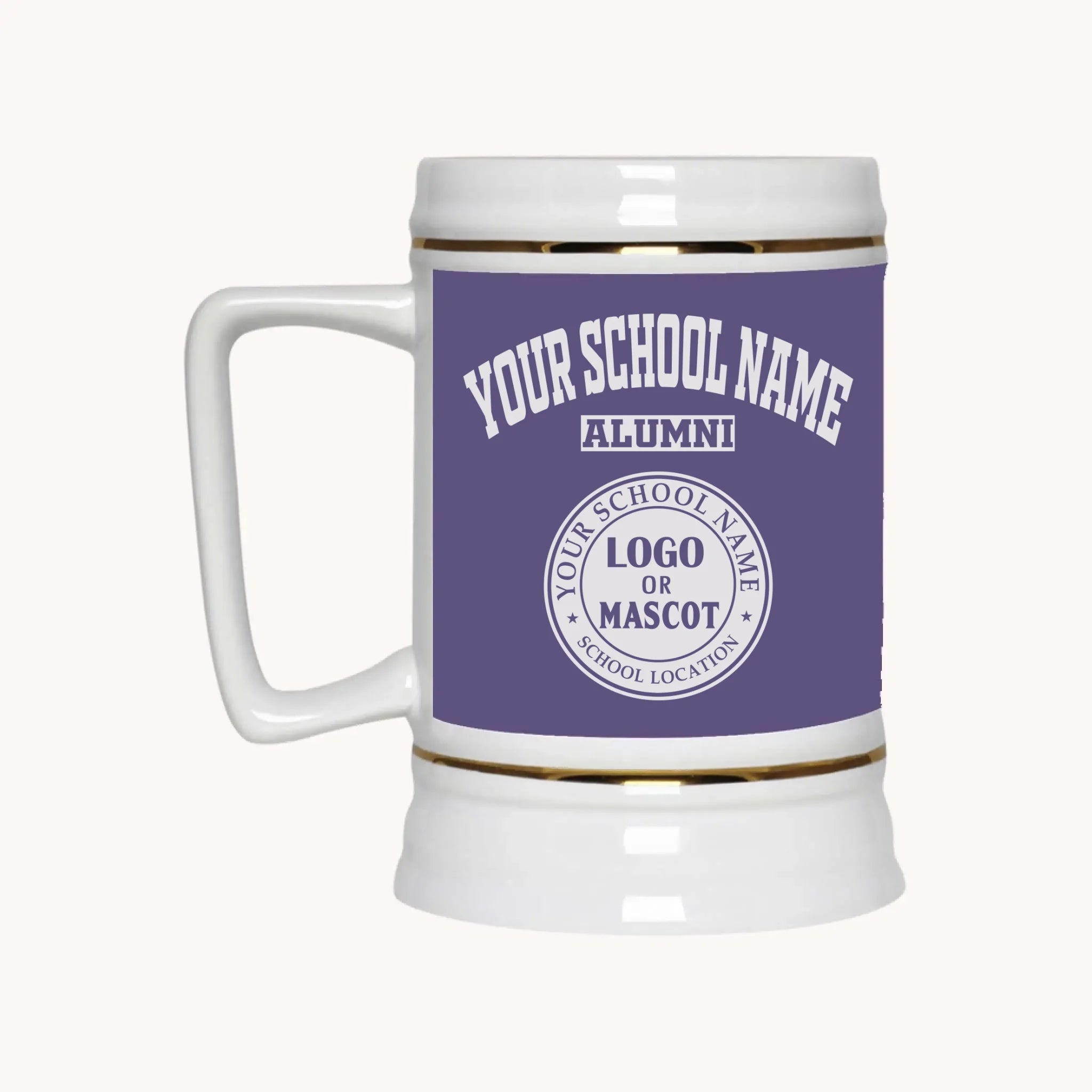 A 22oz ceramic beer stein in purple, a personalized gift for high school or college reunions from Almatershop.