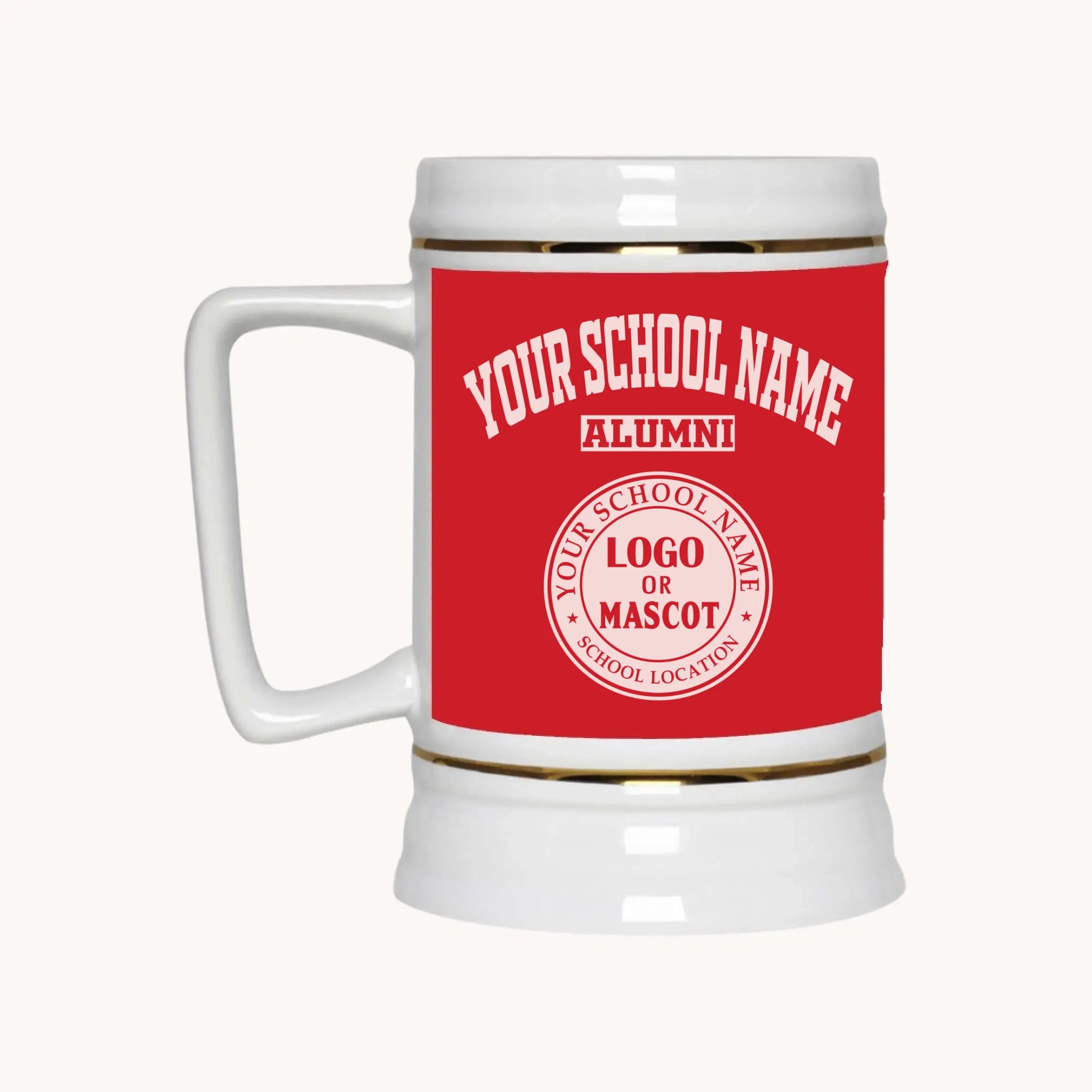 A 22oz ceramic beer stein in red, a perfect custom gift for any school alumni from Almatershop.