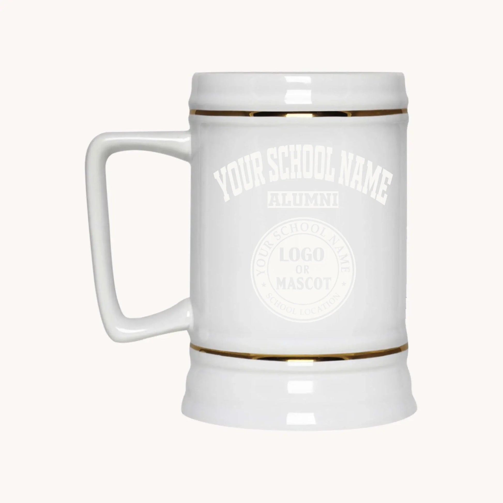 A 22oz ceramic beer stein in white, ready for custom personalization as an alumni gift by Almatershop.
