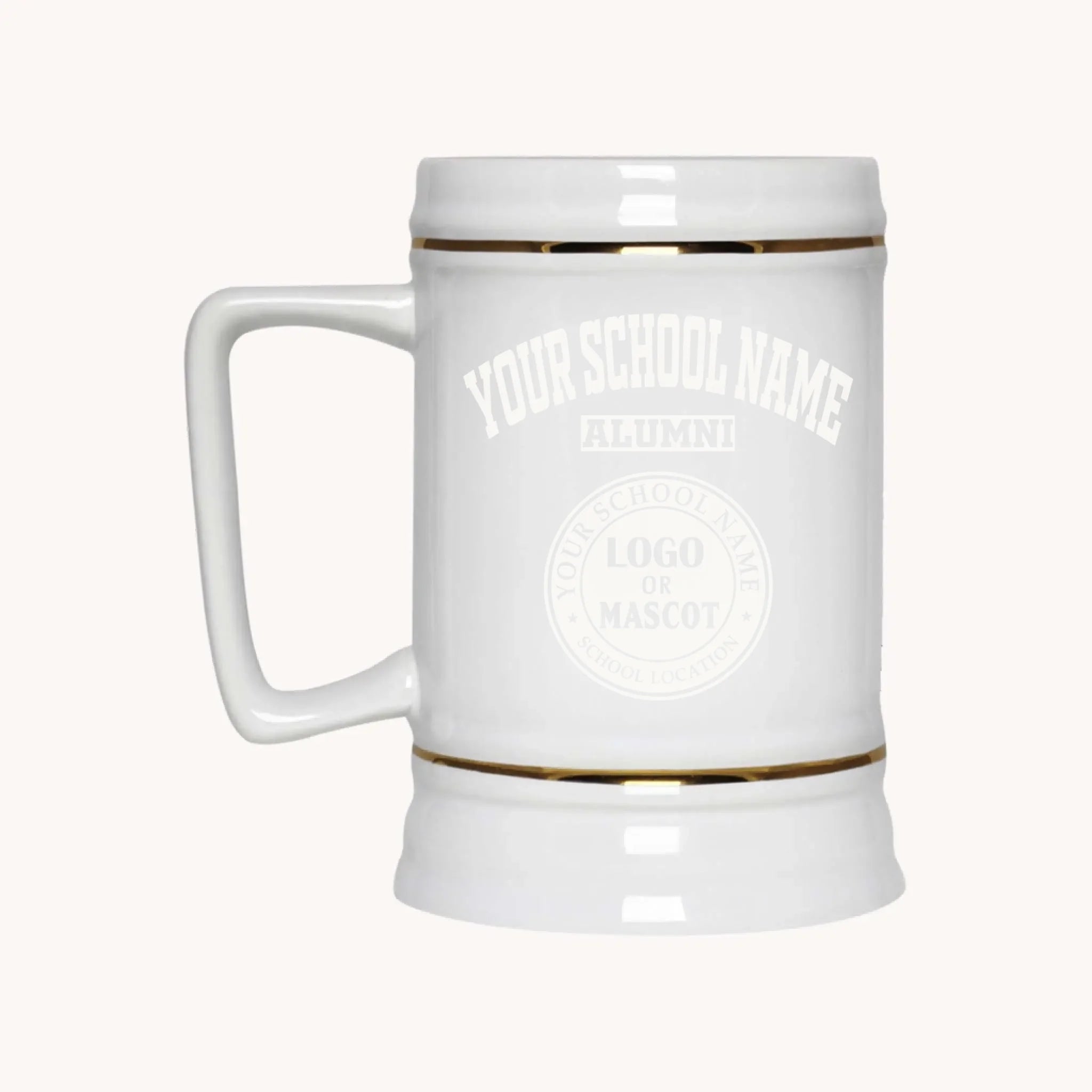 A 22oz ceramic beer stein in white, ready for custom personalization as an alumni gift by Almatershop.