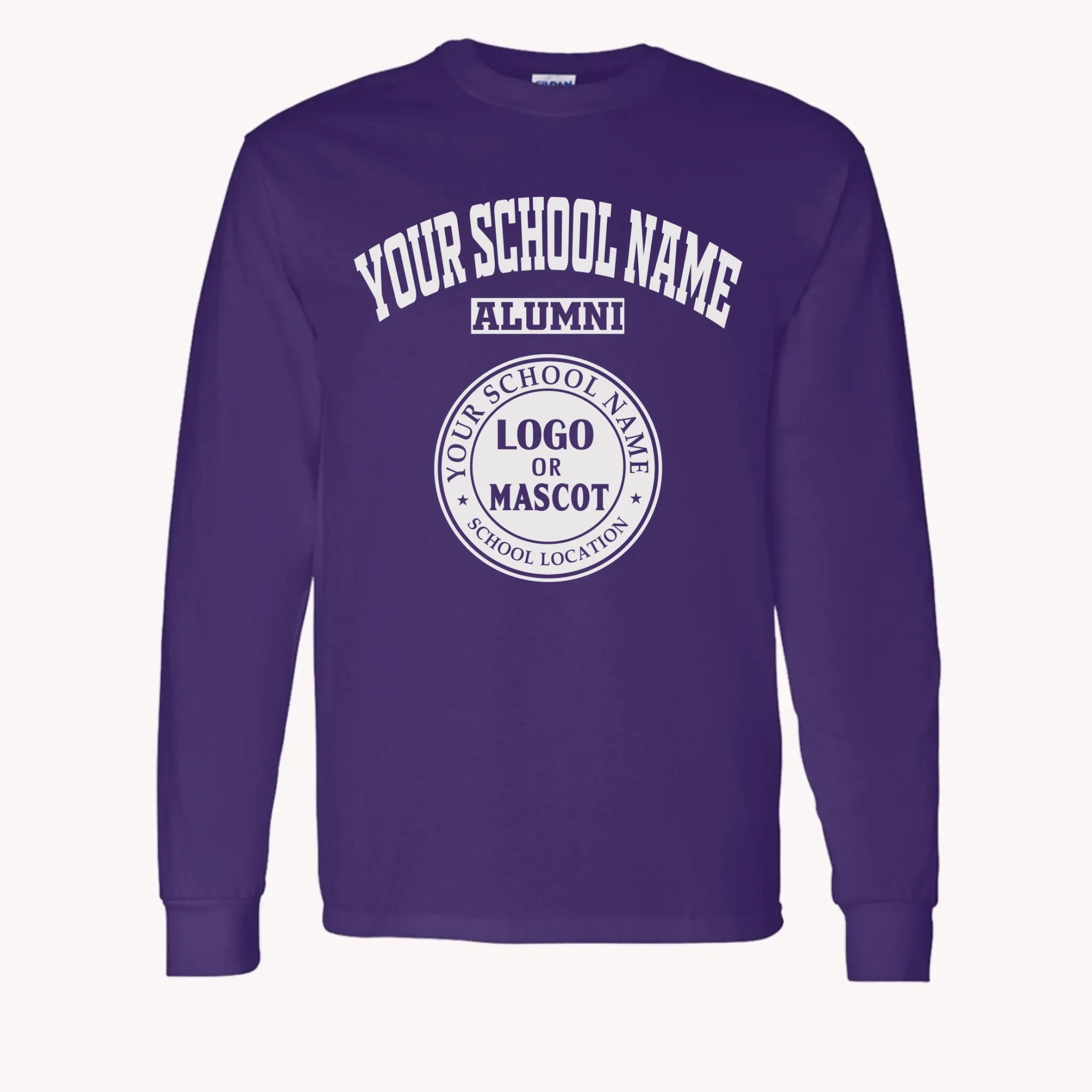 A purple custom alumni long sleeve t-shirt with a personalized classic school logo, a perfect class reunion gift.