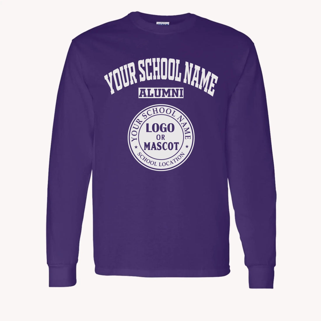 A purple custom alumni long sleeve t-shirt with a personalized classic school logo, a perfect class reunion gift.