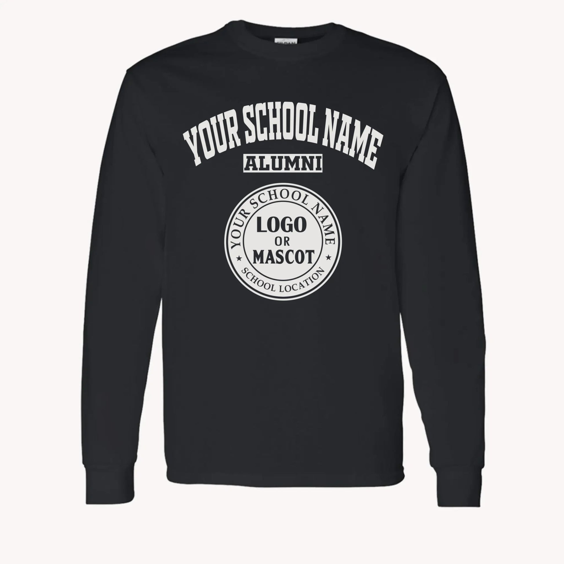 A purple custom alumni long sleeve t-shirt with a personalized classic school logo, a perfect class reunion gift.