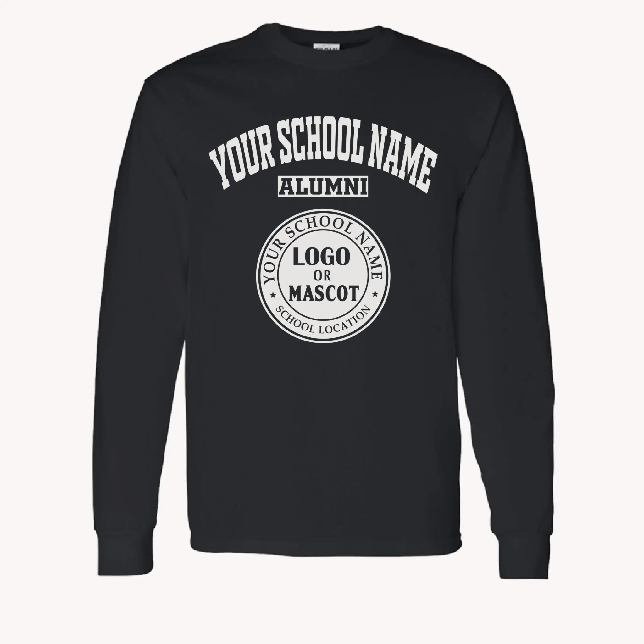 A purple custom alumni long sleeve t-shirt with a personalized classic school logo, a perfect class reunion gift.