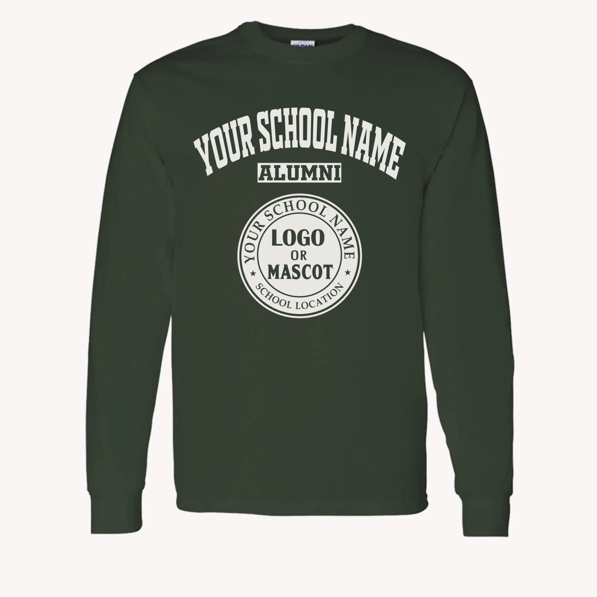 A purple custom alumni long sleeve t-shirt with a personalized classic school logo, a perfect class reunion gift.