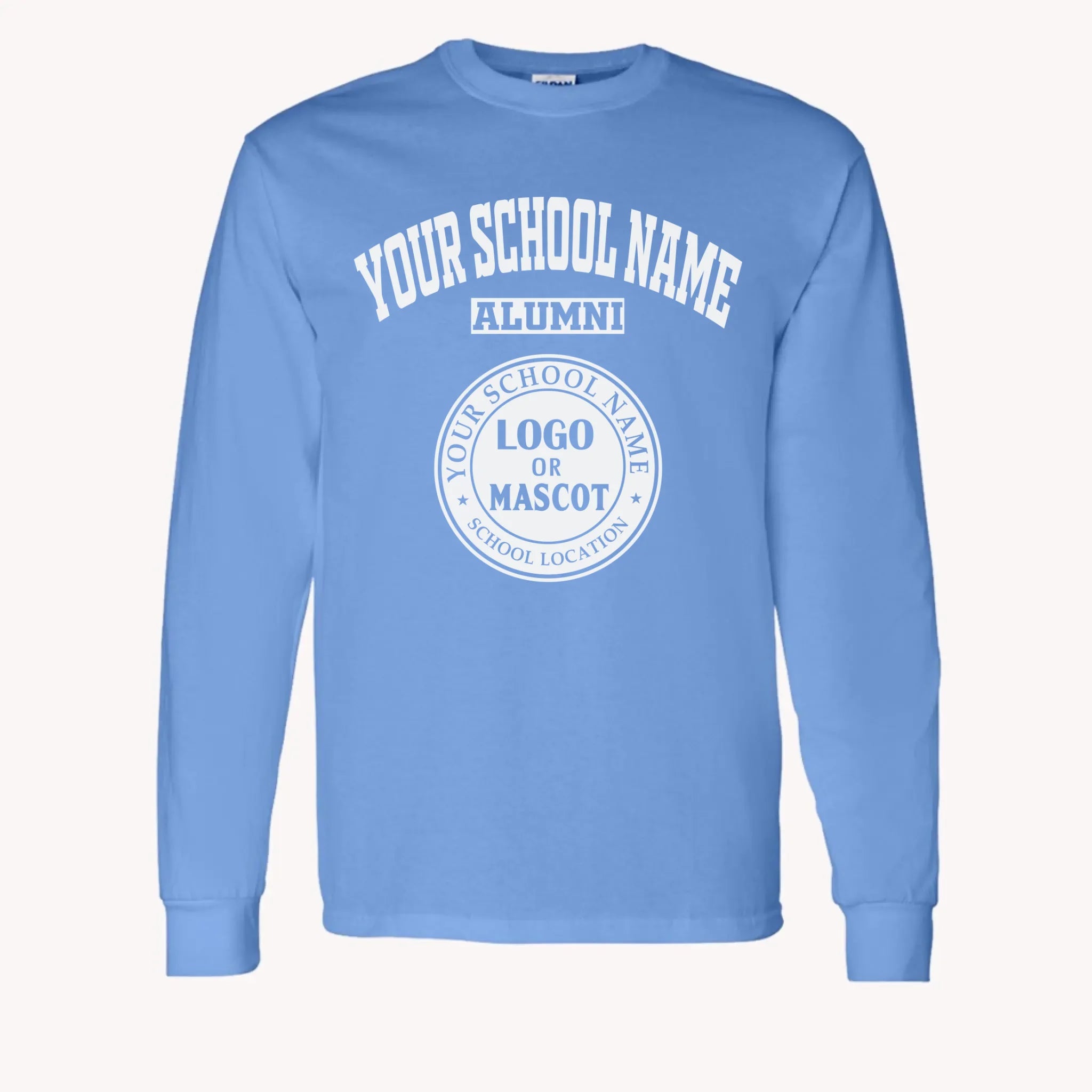 A purple custom alumni long sleeve t-shirt with a personalized classic school logo, a perfect class reunion gift.