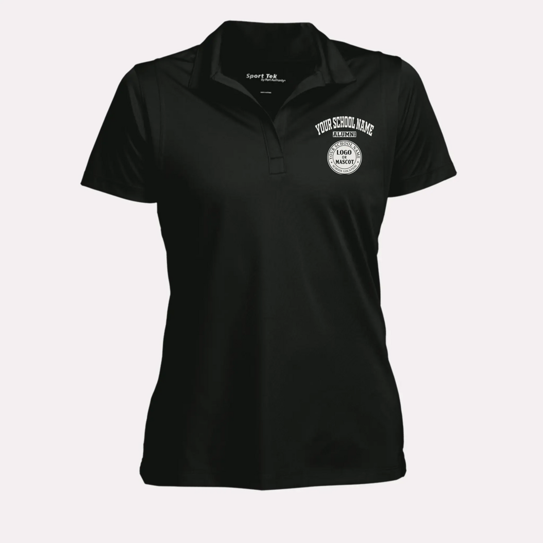 A woman's black performance polo shirt with a custom school logo, featuring a flattering feminine fit for alumnae.