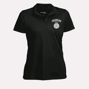 A woman's black performance polo shirt with a custom school logo, featuring a flattering feminine fit for alumnae.