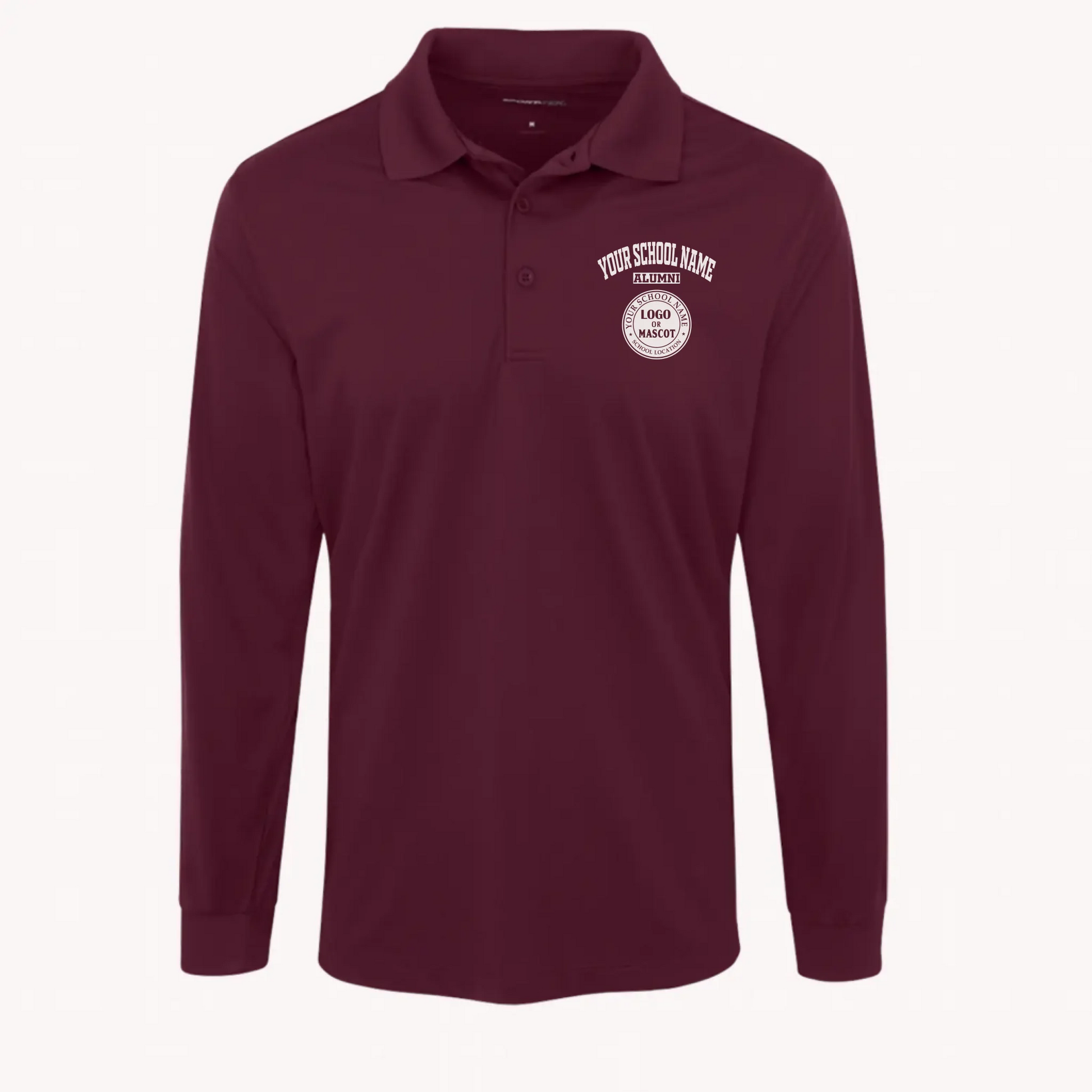 A man's maroon long sleeve performance polo with a custom school logo, engineered for style and comfort.