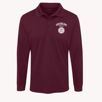 A man's maroon long sleeve performance polo with a custom school logo, engineered for style and comfort.