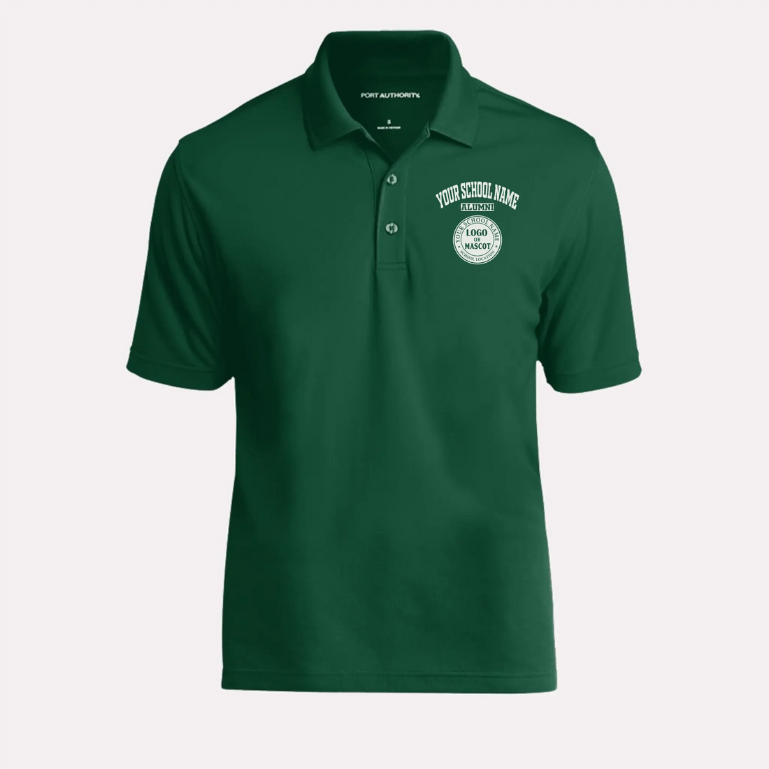 A man's classic forest green polo shirt with a custom school logo, a timeless piece of alumni apparel.