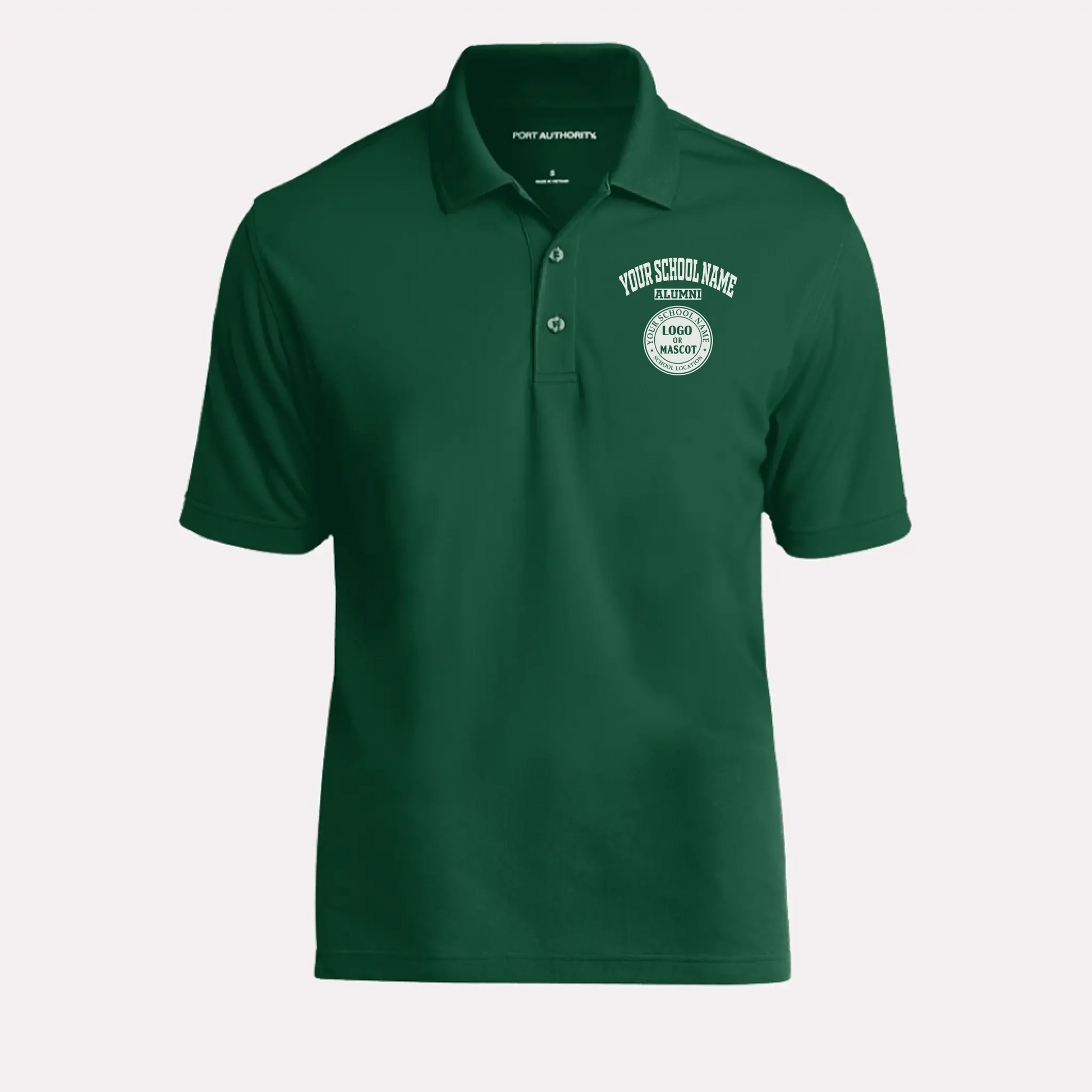 A man's classic forest green polo shirt with a custom school logo, a timeless piece of alumni apparel.