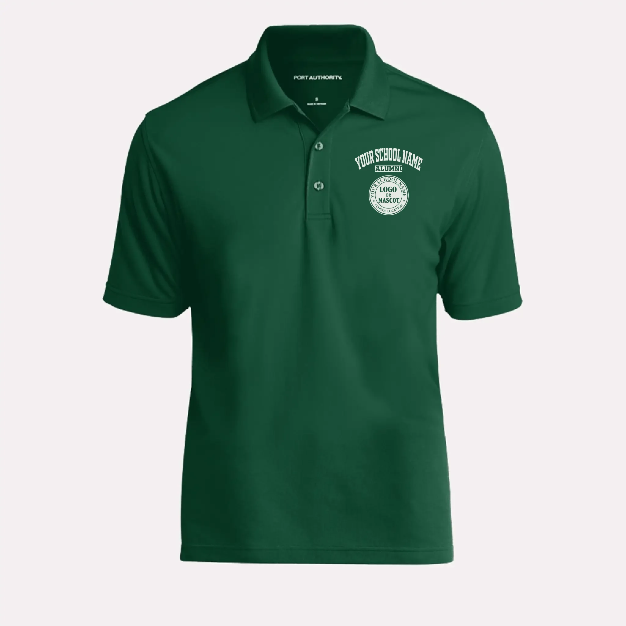 A man's classic forest green polo shirt with a custom school logo, a timeless piece of alumni apparel.