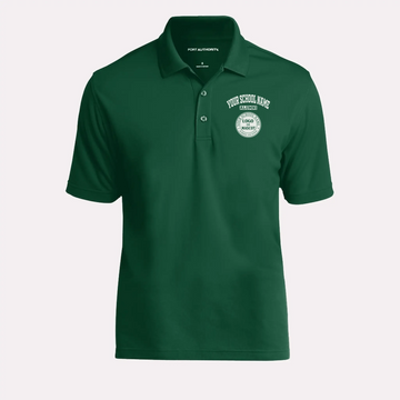 A man's classic forest green polo shirt with a custom school logo, a timeless piece of alumni apparel.