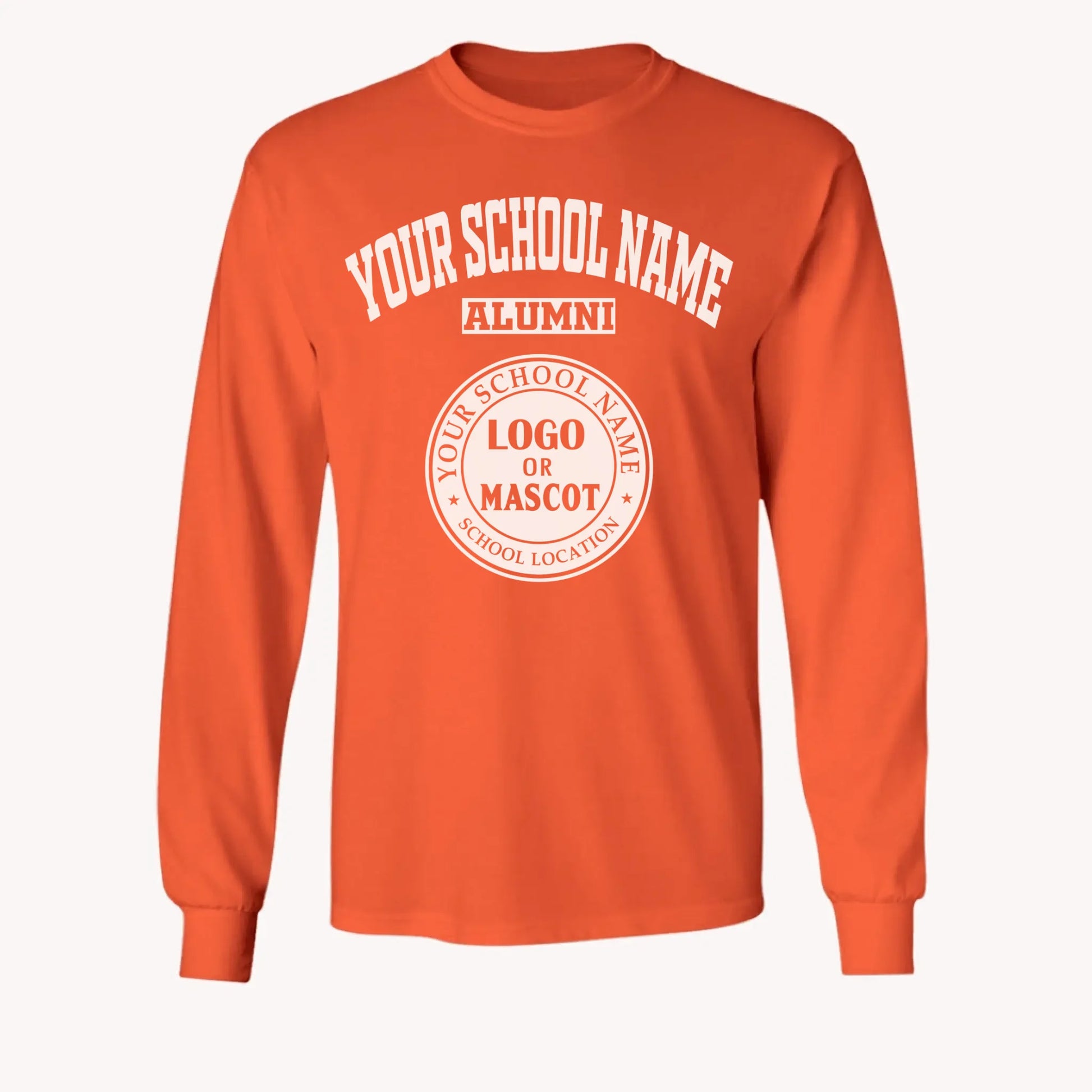 A purple custom alumni long sleeve t-shirt with a personalized classic school logo, a perfect class reunion gift.