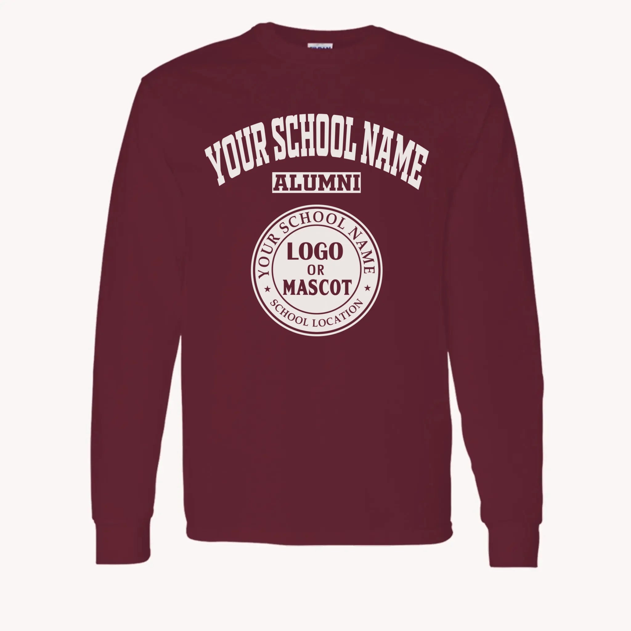 A purple custom alumni long sleeve t-shirt with a personalized classic school logo, a perfect class reunion gift.