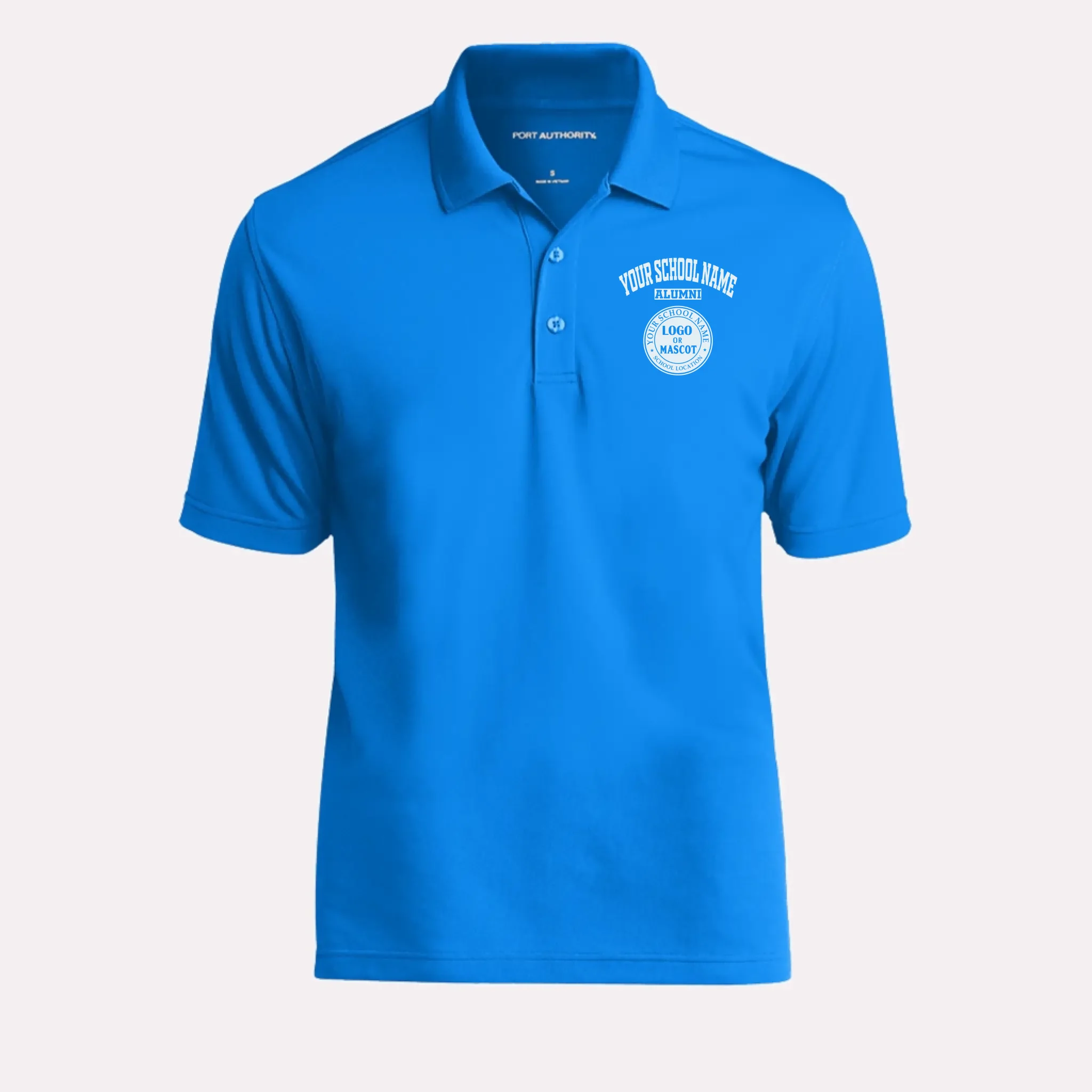 A personalized light blue classic fit polo for alumni, featuring a comfortable pique fabric and custom school emblem.