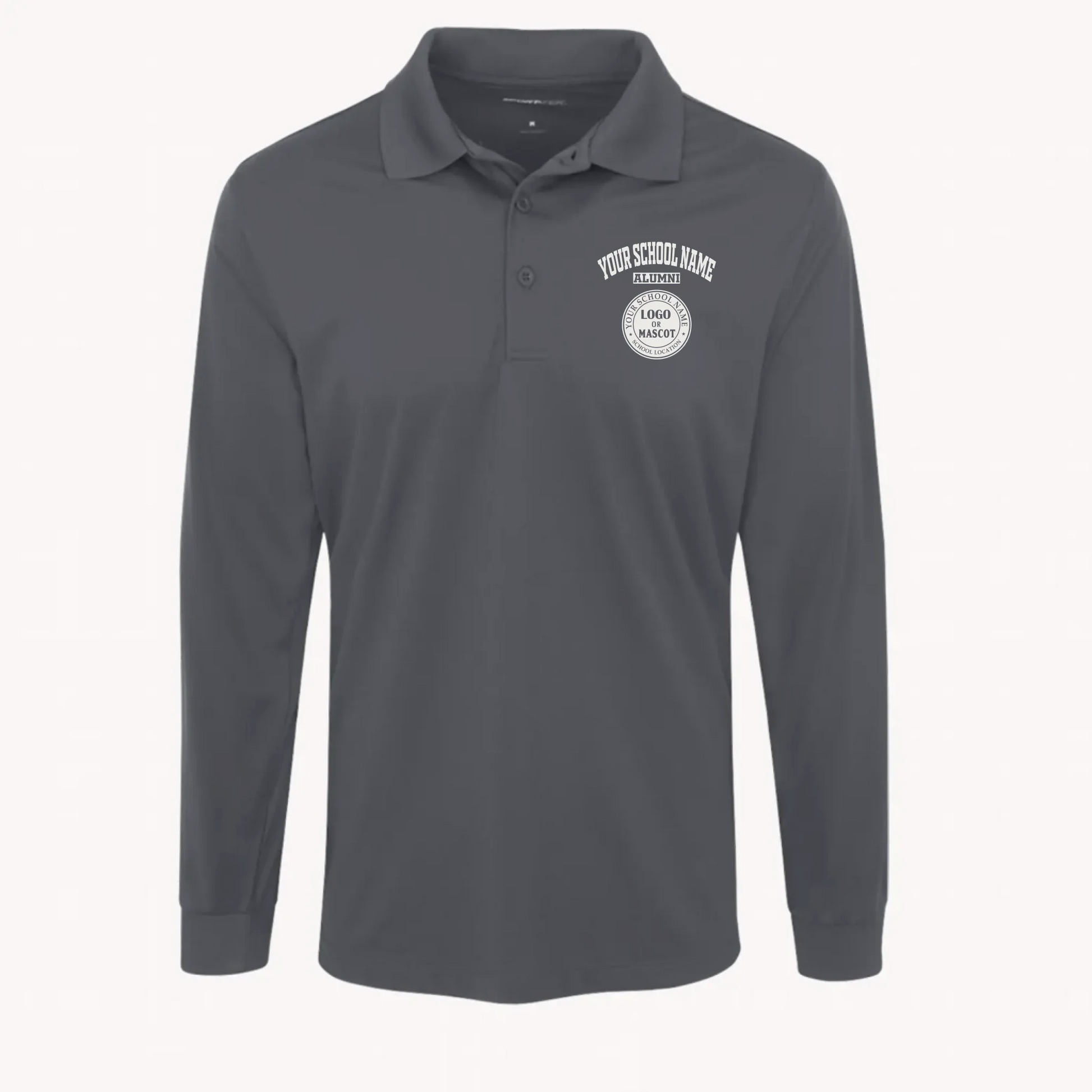 A graphite grey men's long sleeve performance polo, a great piece of university alumni gear for any event.