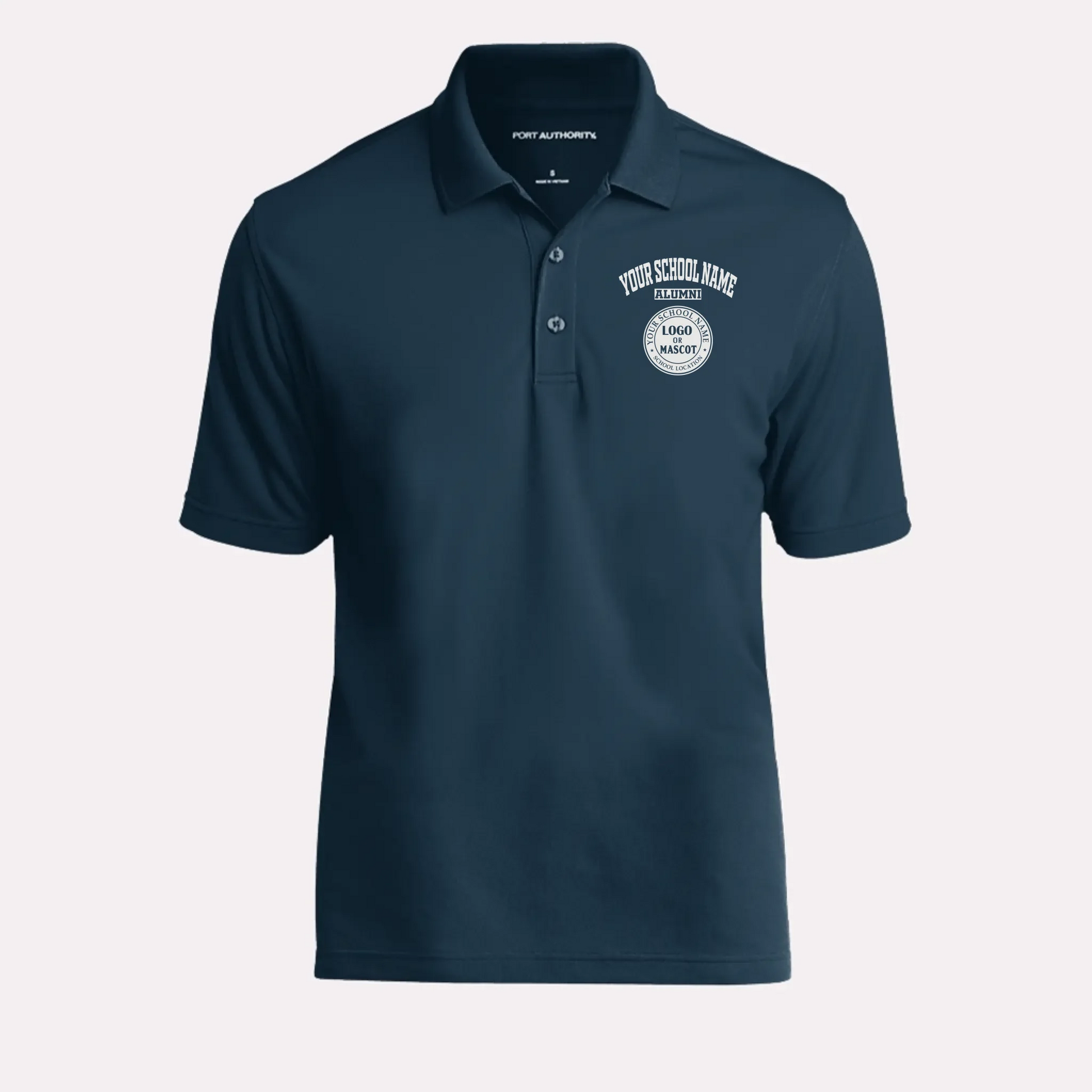 A classic navy blue men's polo shirt, a perfect and elegant university alumni gift.