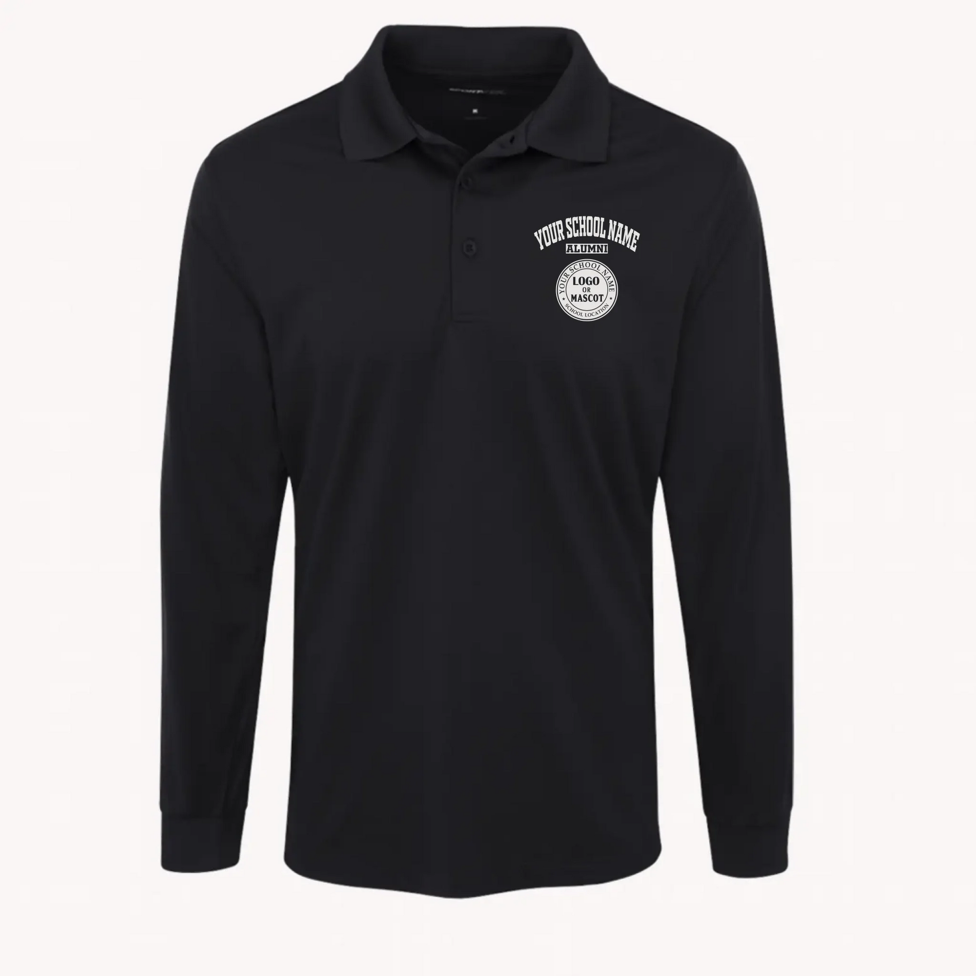 Black custom alumni apparel: a men's long sleeve performance polo designed for a polished, professional look.