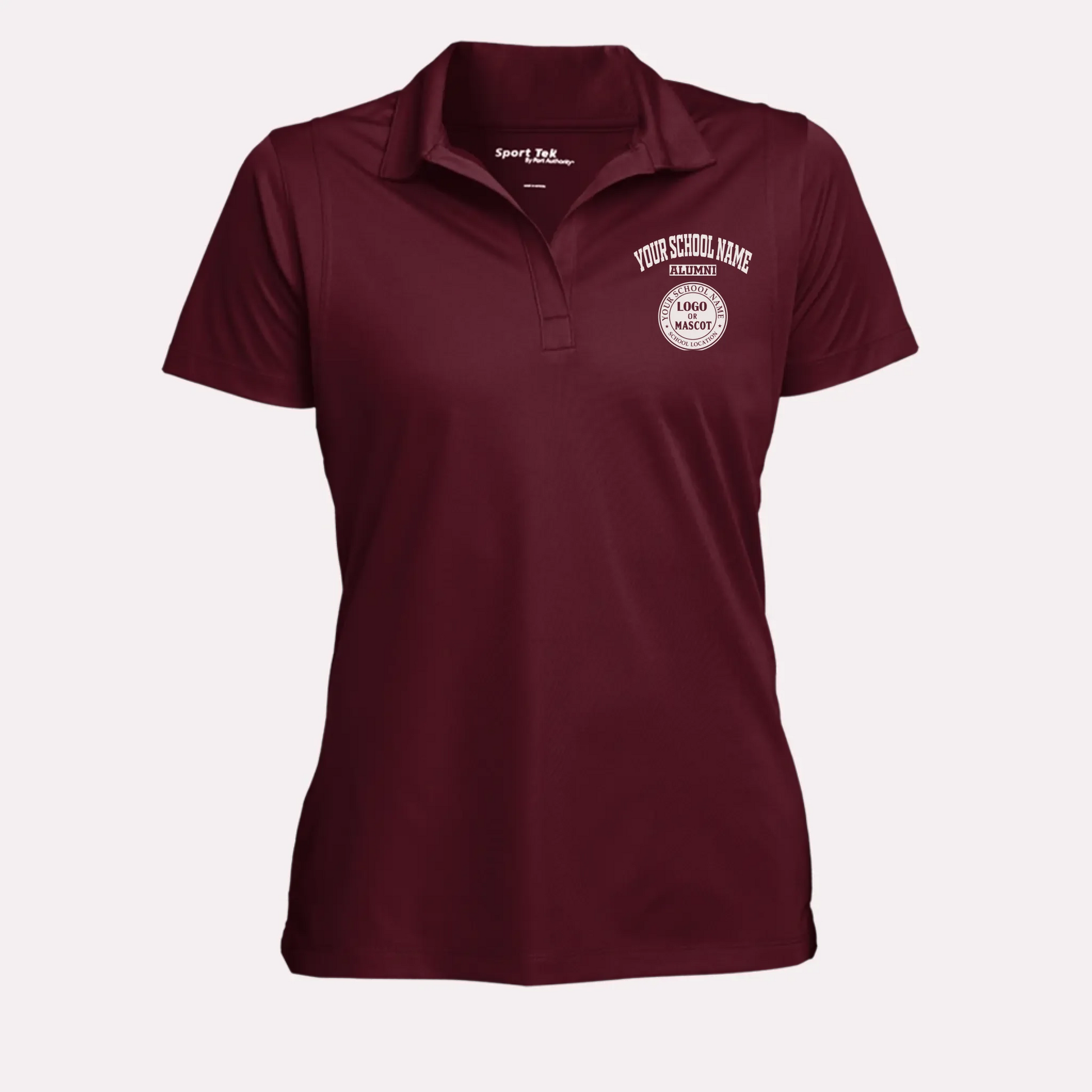 Stylish college apparel for alumnae: a maroon performance polo with a personalized school emblem and a comfortable fit.