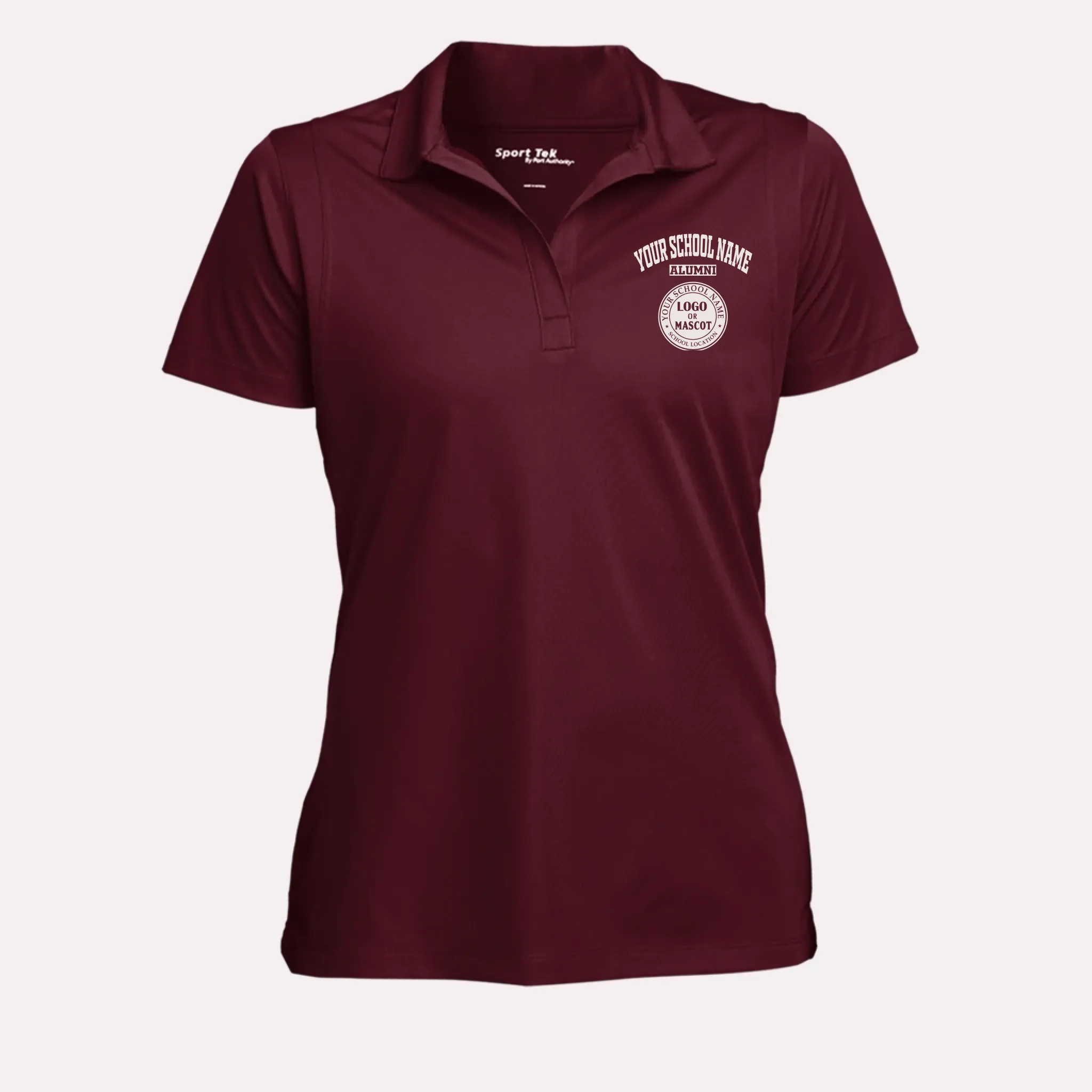 Stylish college apparel for alumnae: a maroon performance polo with a personalized school emblem and a comfortable fit.