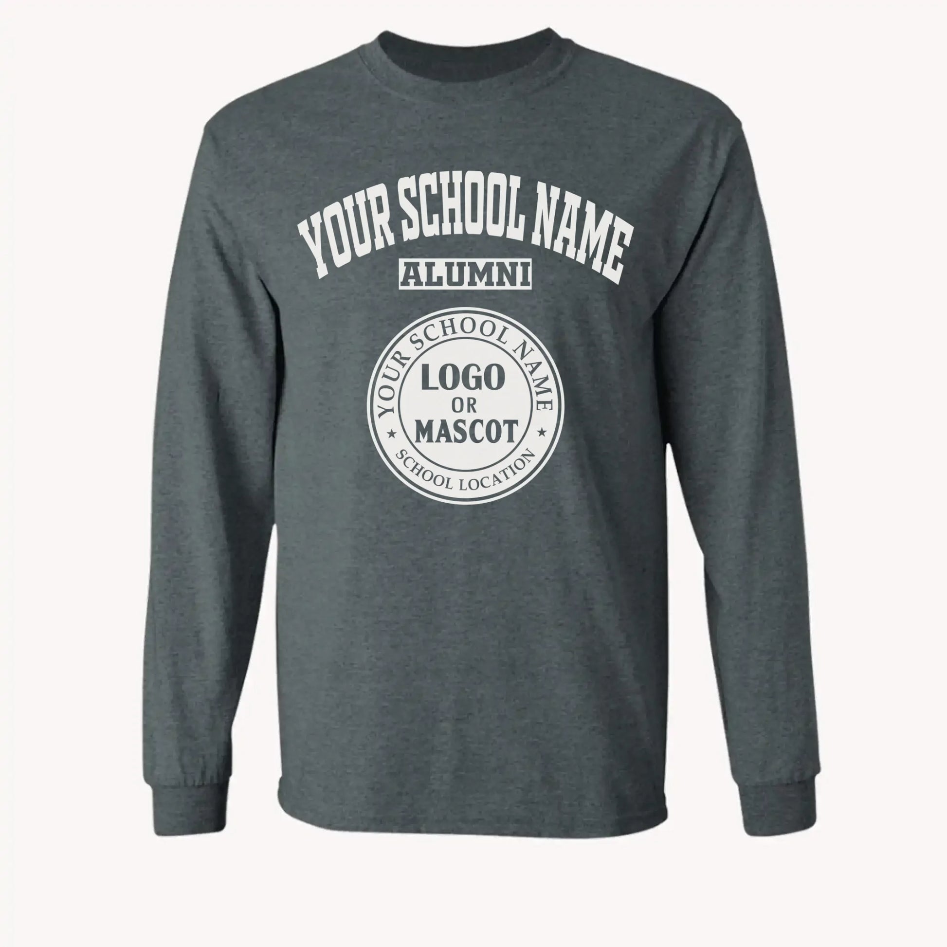A purple custom alumni long sleeve t-shirt with a personalized classic school logo, a perfect class reunion gift.
