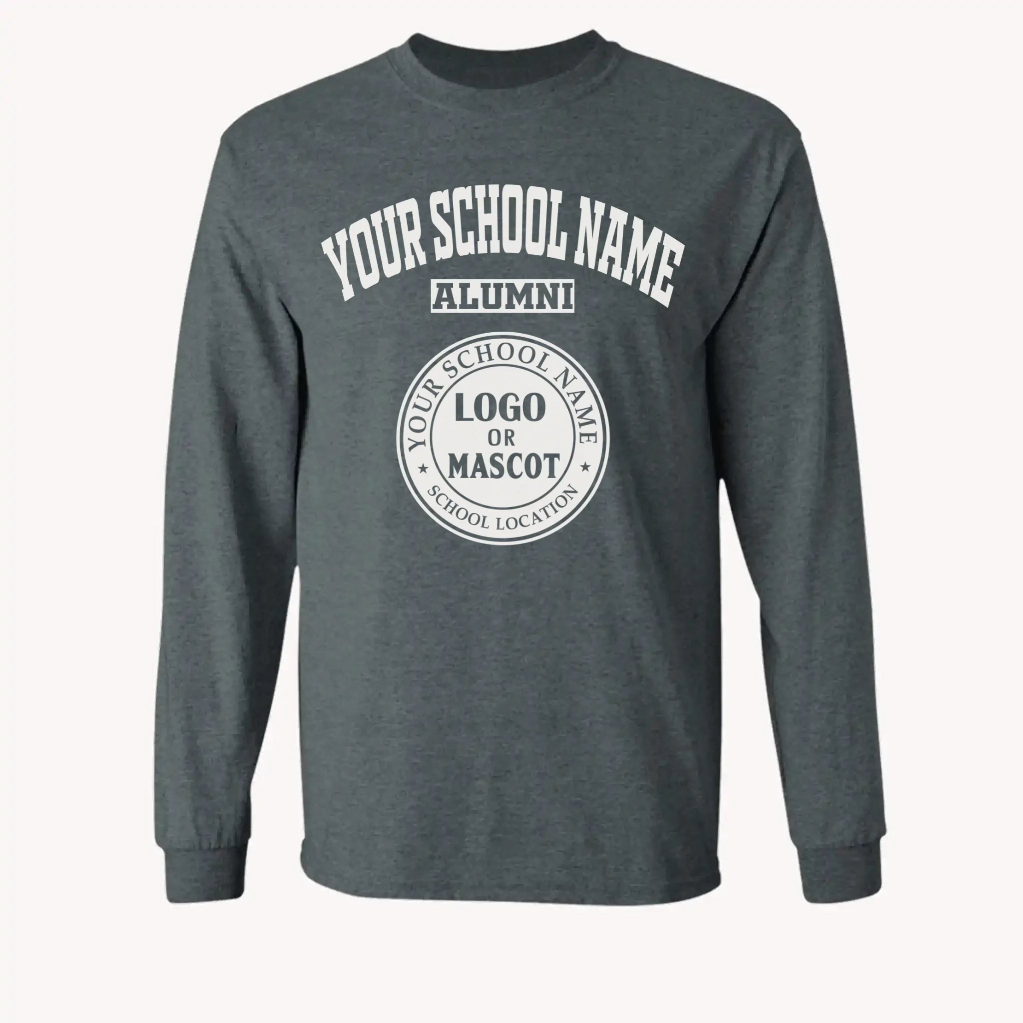 A purple custom alumni long sleeve t-shirt with a personalized classic school logo, a perfect class reunion gift.