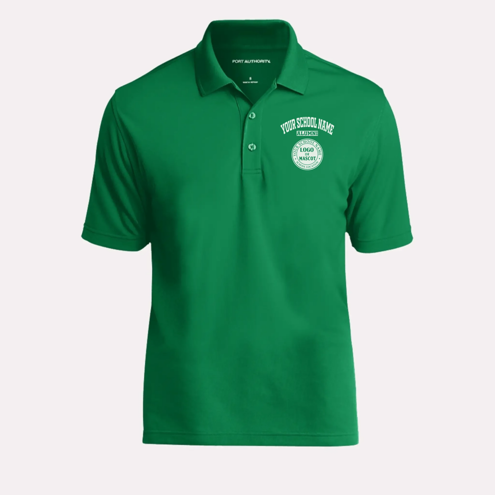 A unique alumni gift: a kelly green classic polo shirt that can be personalized with his school's logo.