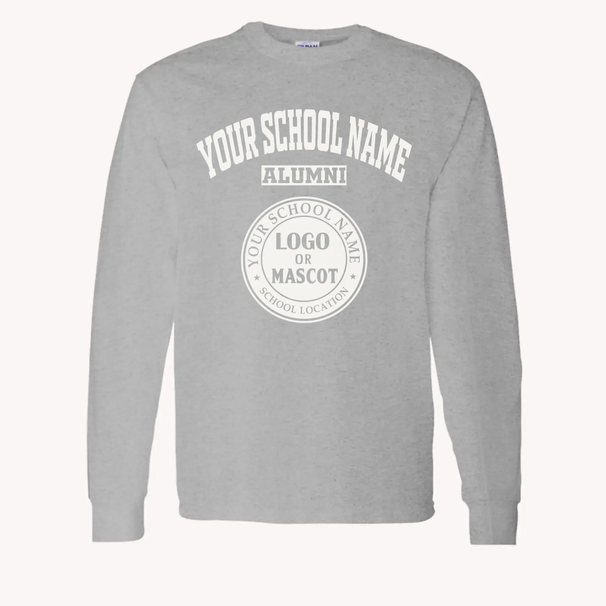 A purple custom alumni long sleeve t-shirt with a personalized classic school logo, a perfect class reunion gift.