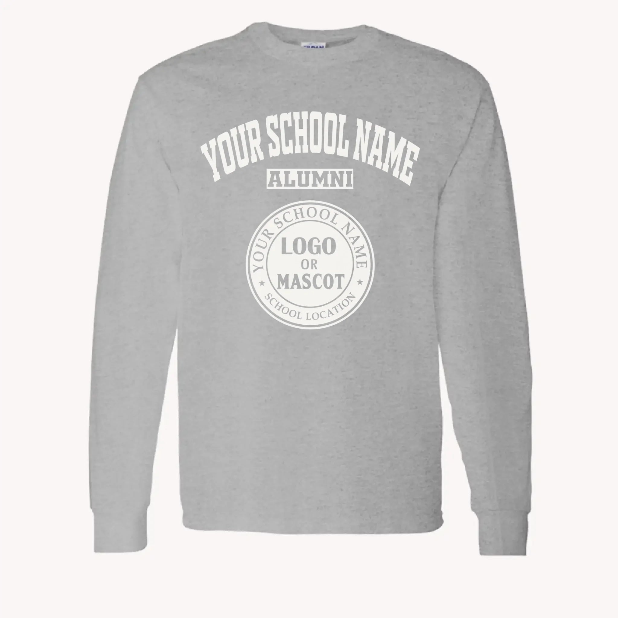 A purple custom alumni long sleeve t-shirt with a personalized classic school logo, a perfect class reunion gift.