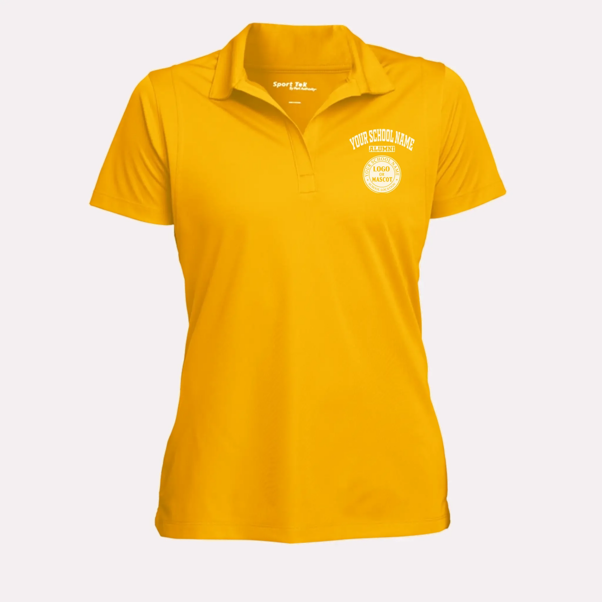 A gold women's performance polo, a great high school reunion gift featuring her personalized school crest.