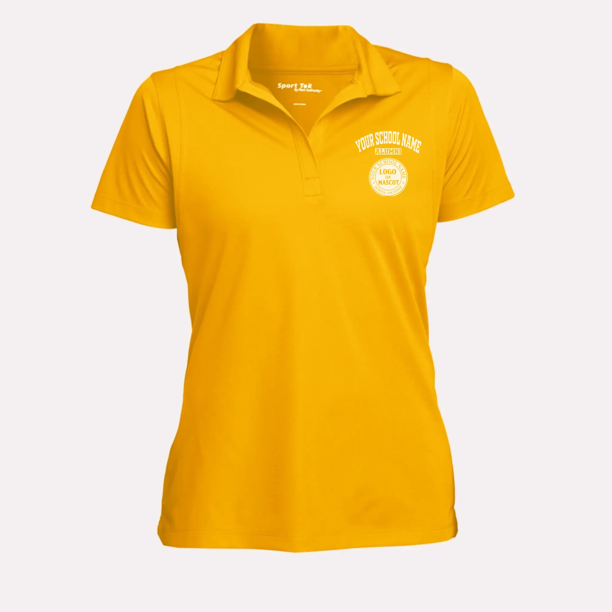 A gold women's performance polo, a great high school reunion gift featuring her personalized school crest.