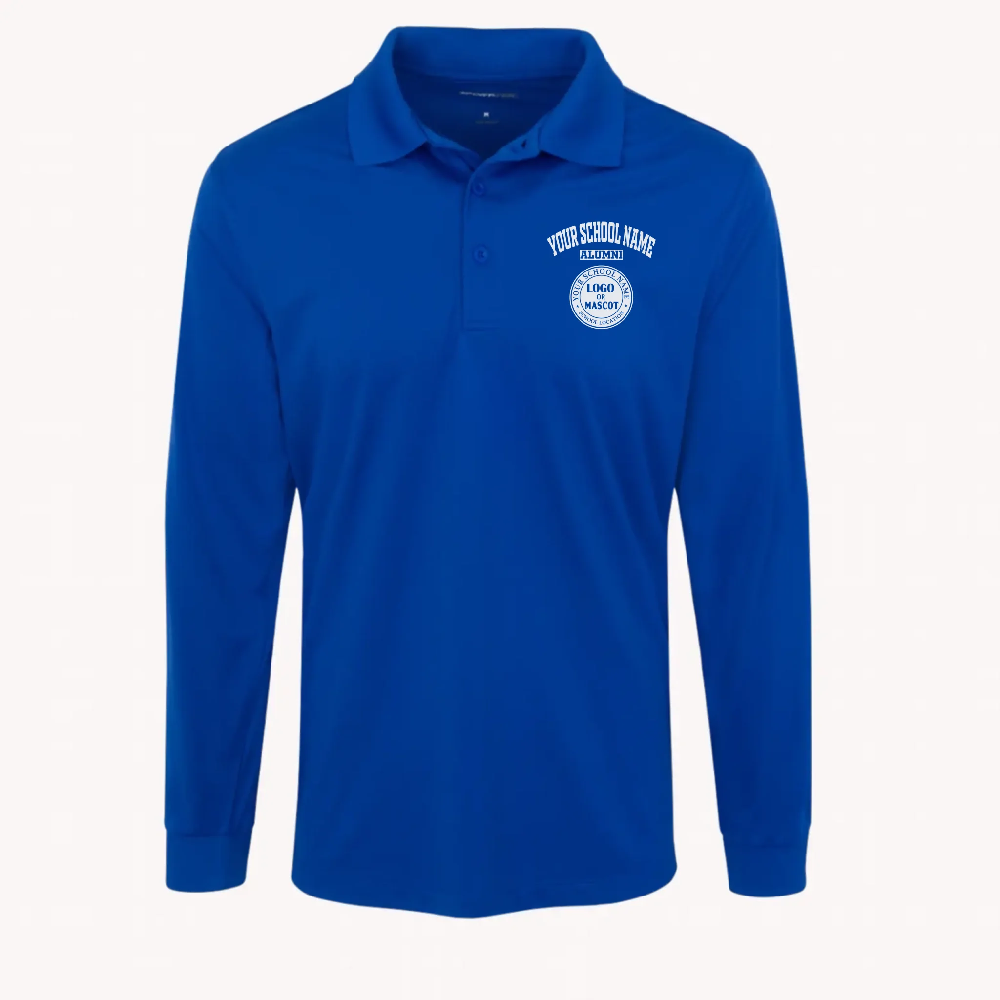 A royal blue long sleeve performance polo shirt, a great high school reunion gift featuring a personalized school emblem.