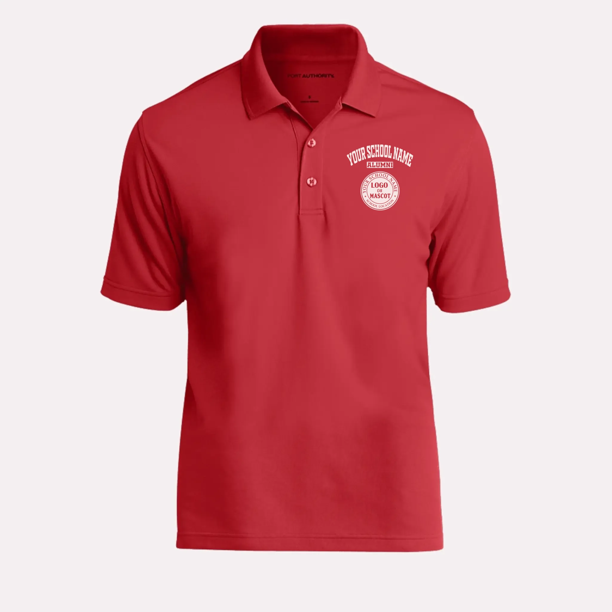 A red classic polo shirt, a great high school reunion gift featuring a personalized school emblem.